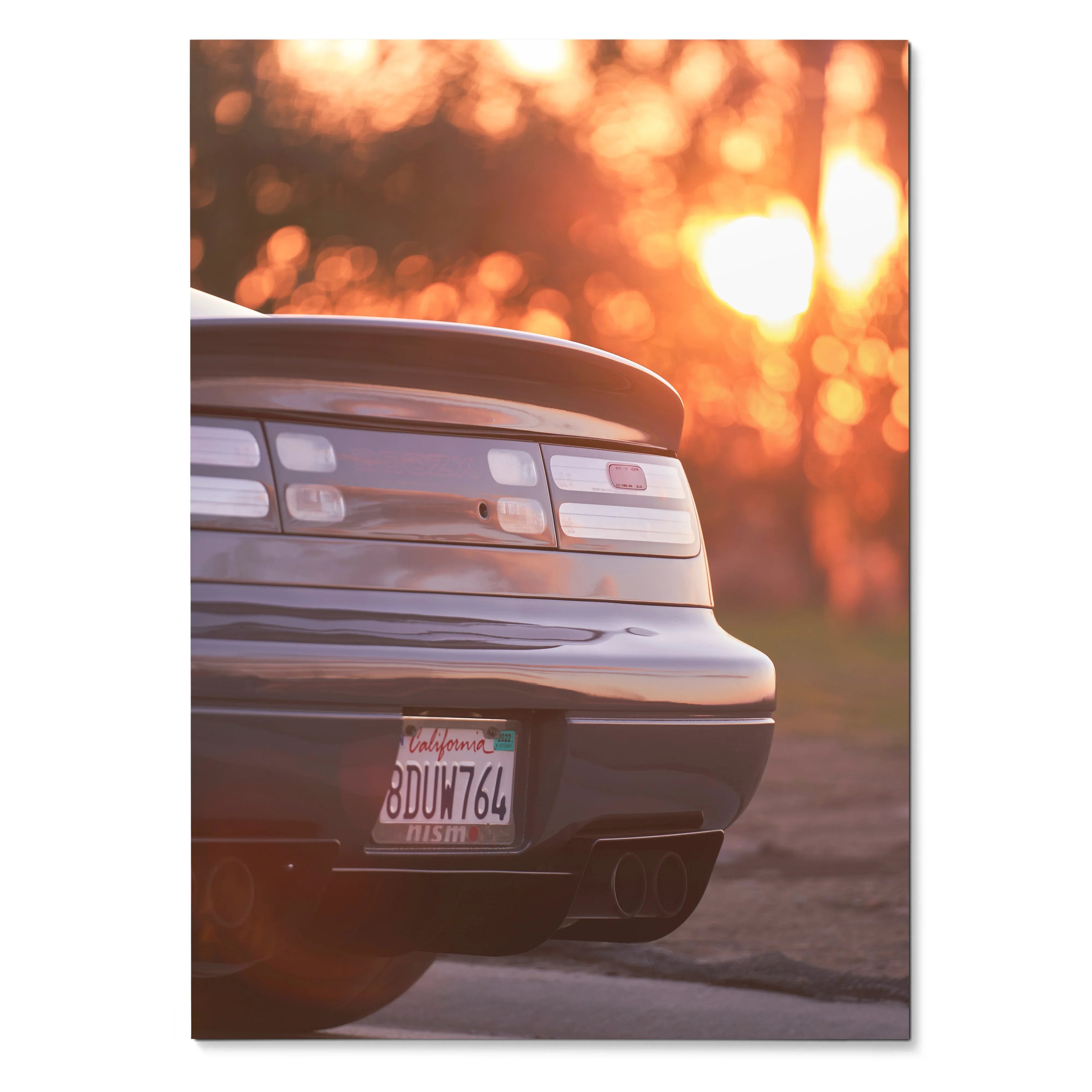 Nissan 300ZX rear close-up poster with warm sunset background wall art.