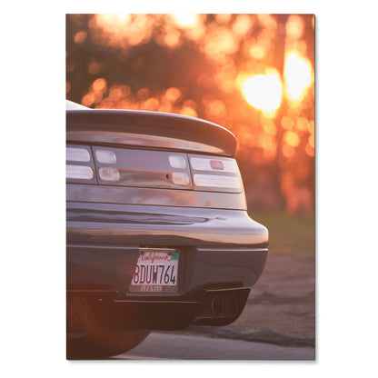 Nissan 300ZX rear close-up poster with warm sunset background wall art.