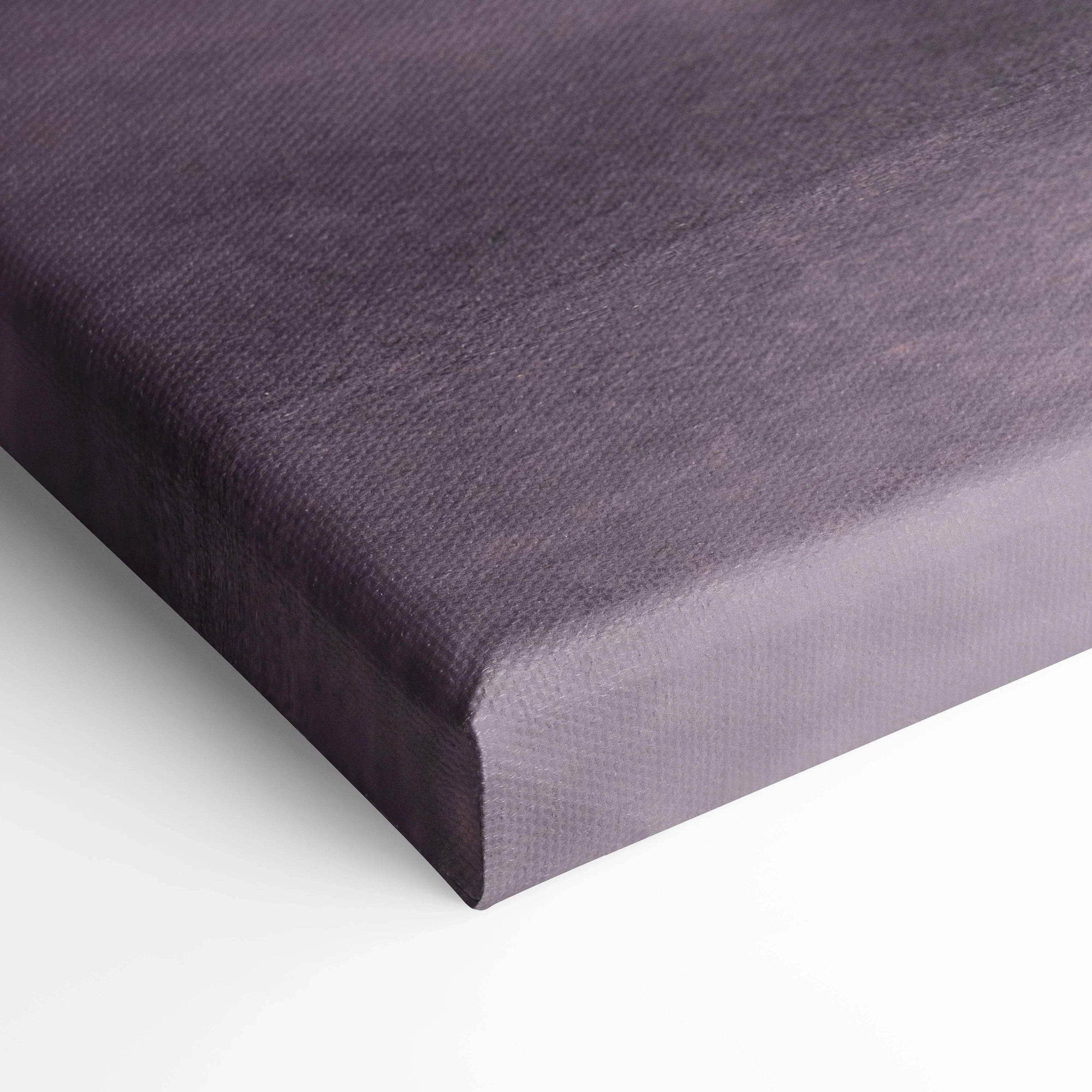 Close-up of wrapped canvas corner with dark textured wall art and gallery-style 1.5" depth.