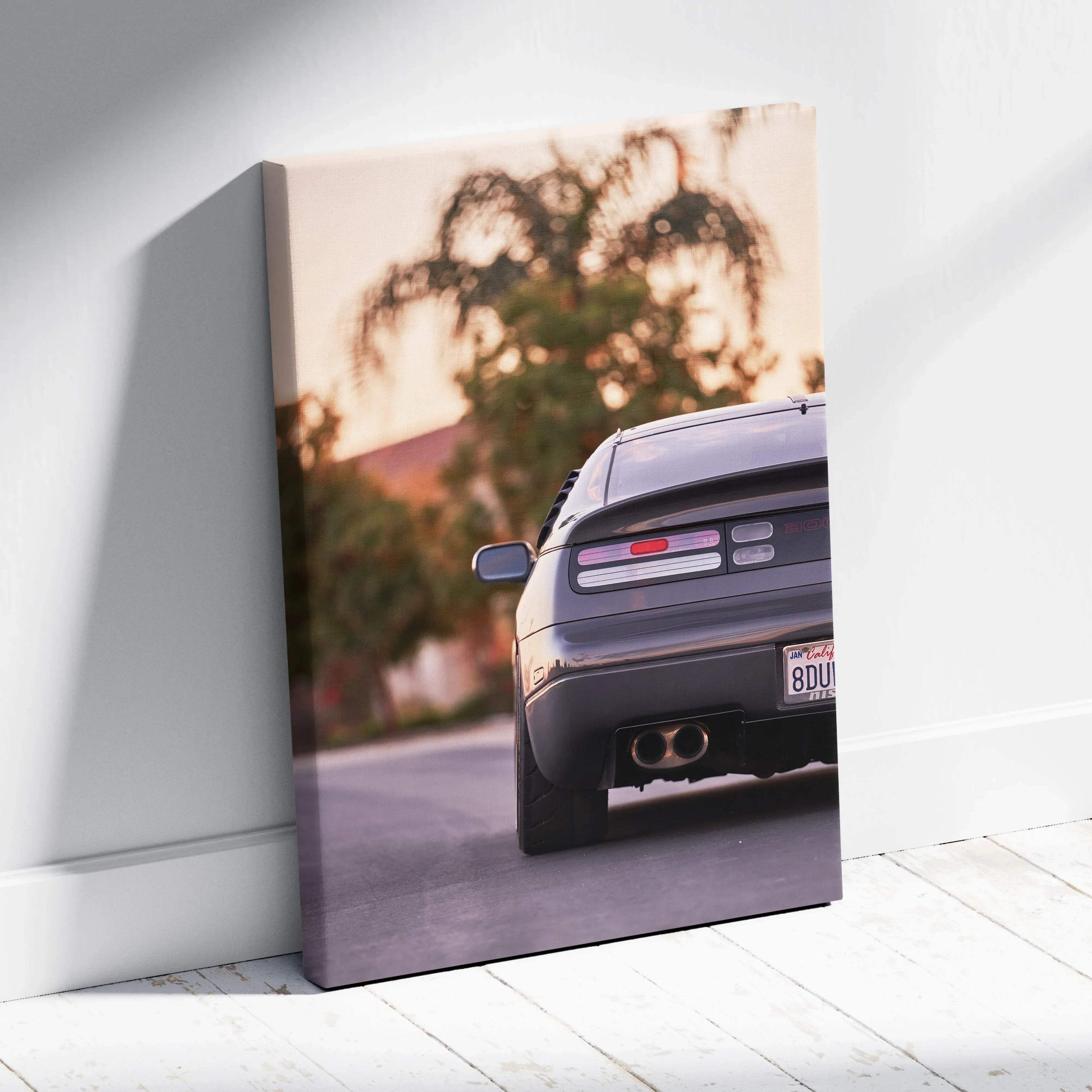 Nissan 300ZX rear view on road framed as vertical canvas wall art with soft sunset background.