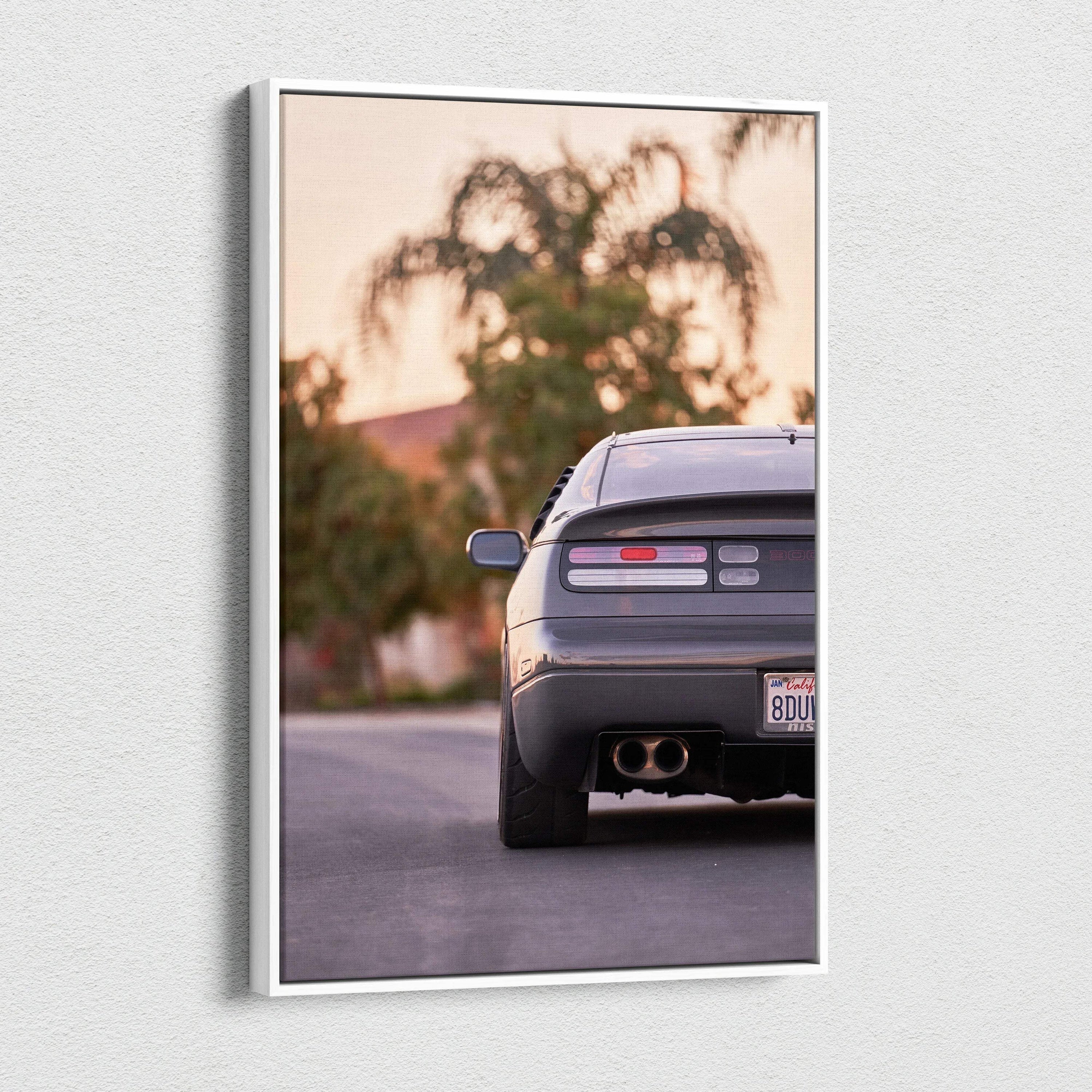 Nissan 300ZX rear view on street sunset canvas wall art vertical canvas art print.