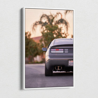 Nissan 300ZX rear view on street sunset canvas wall art vertical canvas art print.