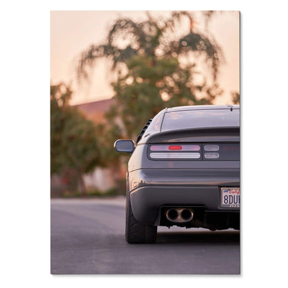 Nissan 300ZX rear view poster featuring sleek gray car with dual exhaust as wall art.