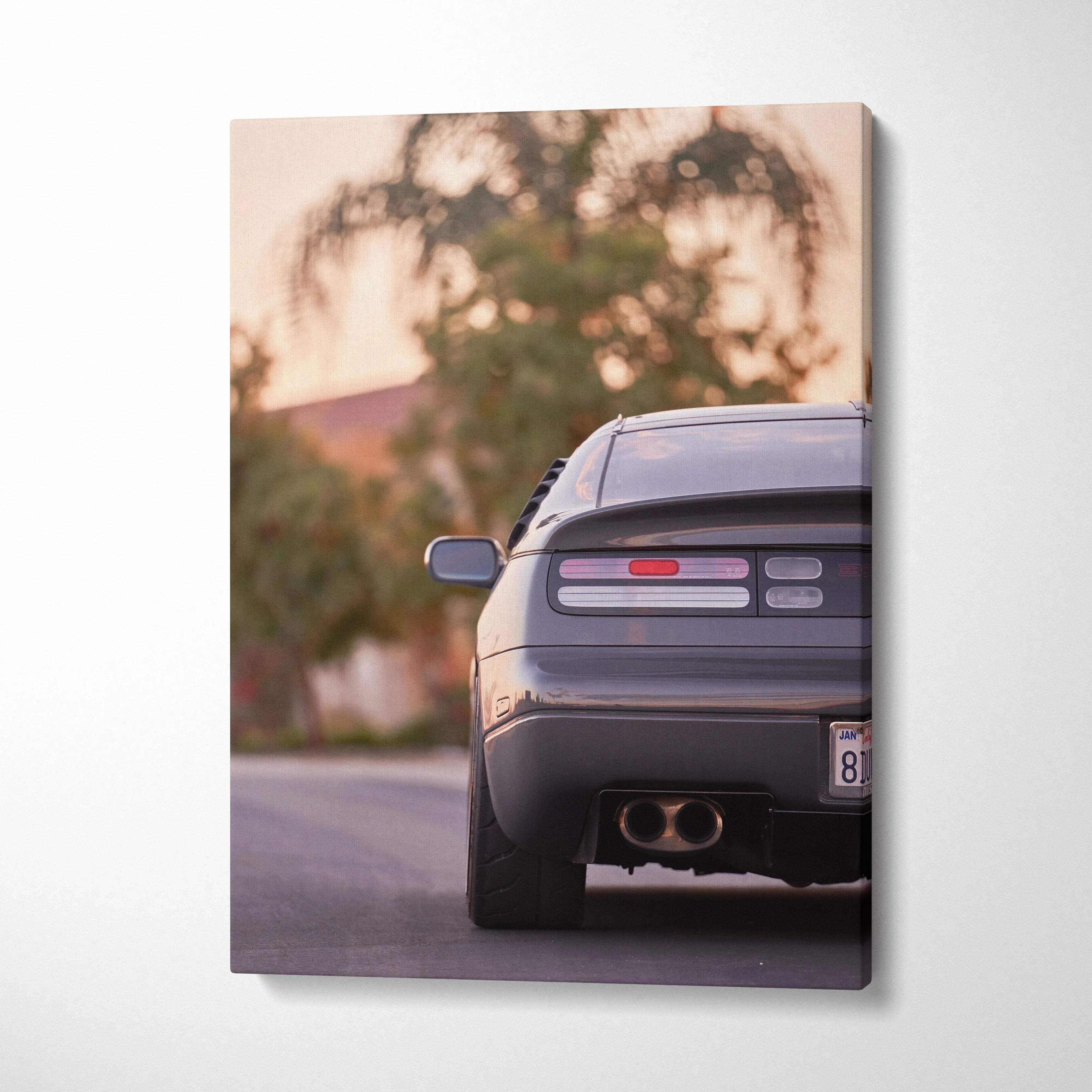 Nissan 300zx rear view on vertical canvas wall art with sunset background and detailed exhaust.