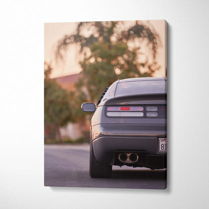 Nissan 300zx rear view on vertical canvas wall art with sunset background and detailed exhaust.