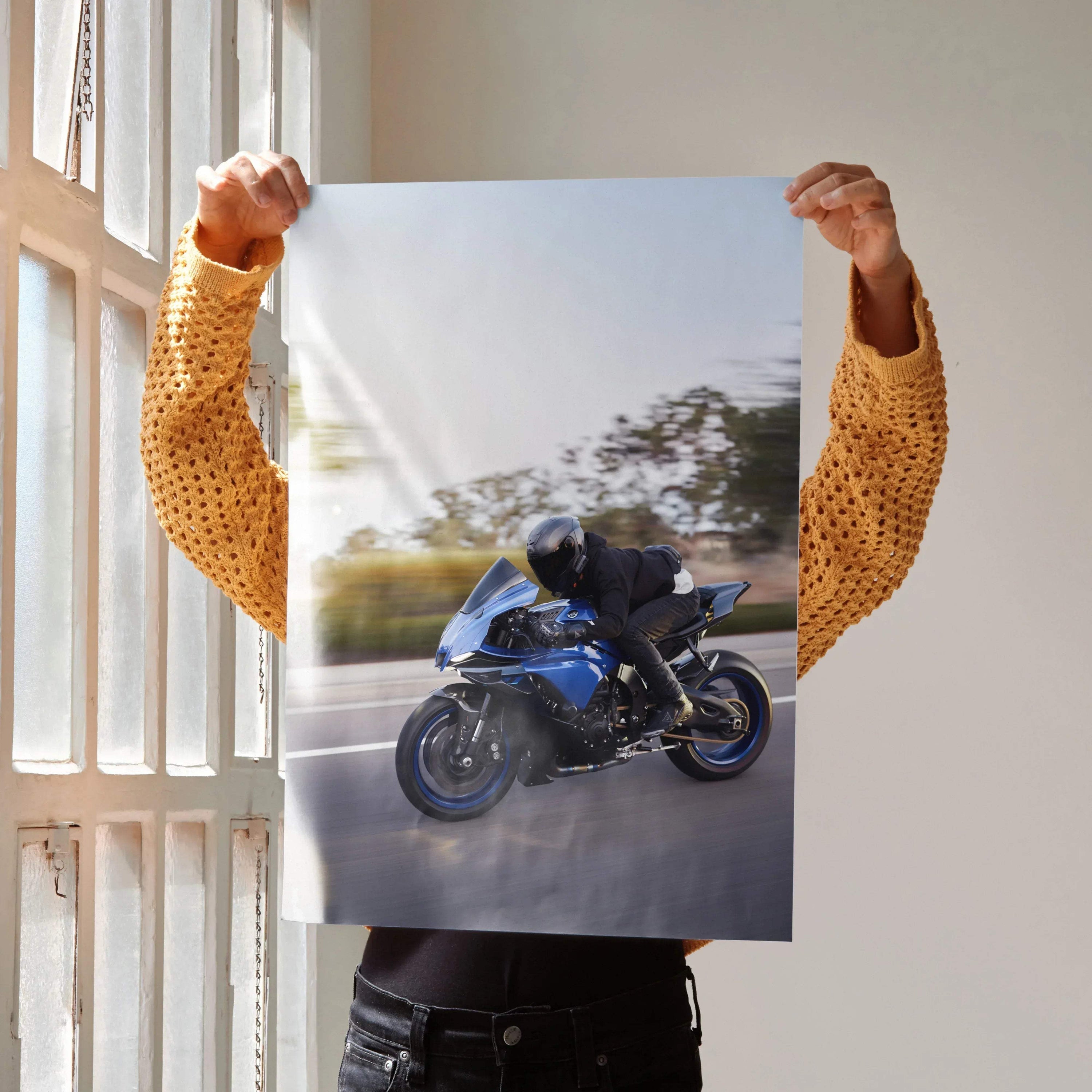 Biker Poster #046 - Male | Bell Race Star DLX Flex Helmet | Yamaha R1 Motorcycle | Rolling Shot - Throttle Designs