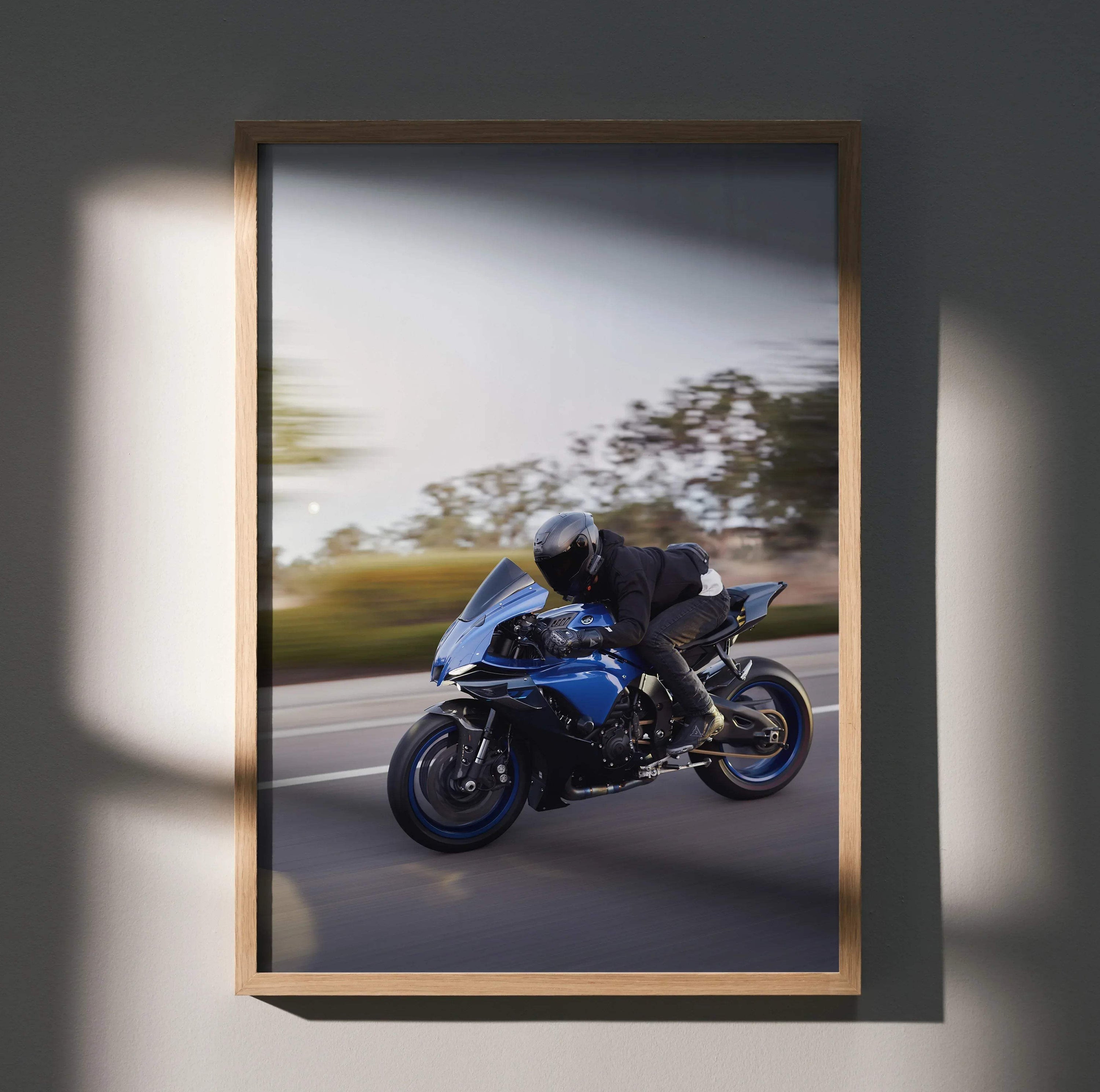 Biker Poster #046 - Male | Bell Race Star DLX Flex Helmet | Yamaha R1 Motorcycle | Rolling Shot - Throttle Designs