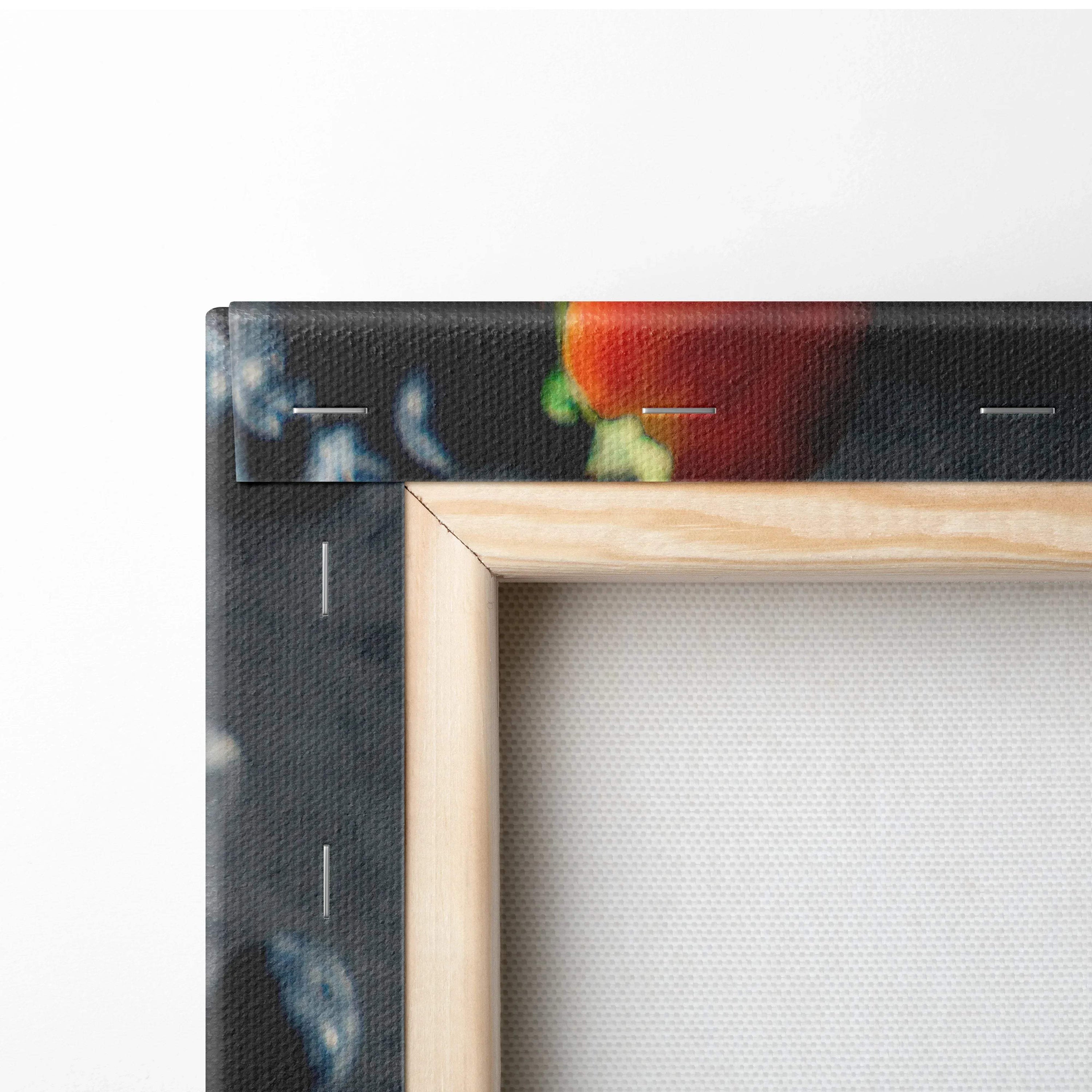 Close-up of wooden frame corner and black canvas edge with vibrant fruit print wall art decor.