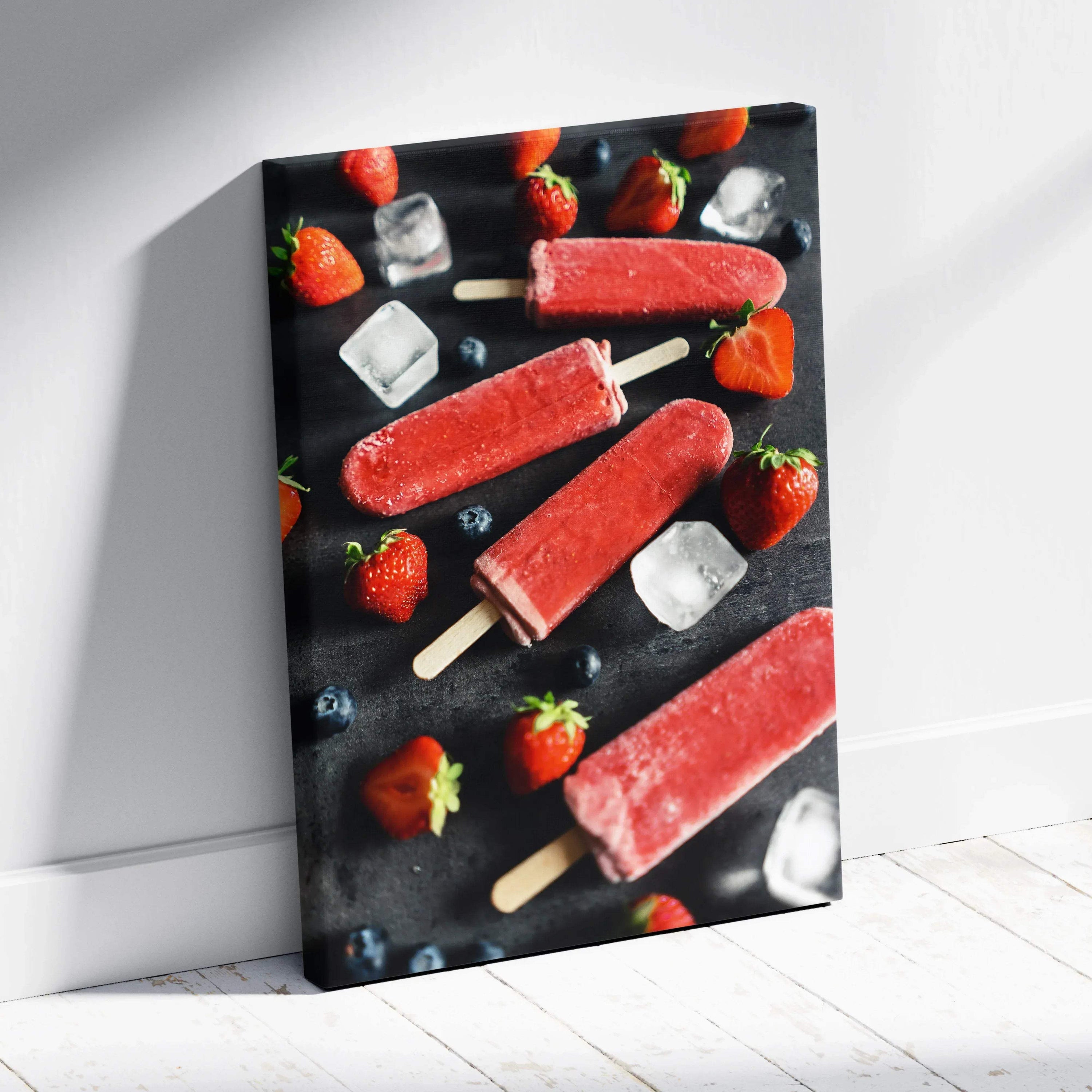 Canvas wall art featuring vibrant red strawberry popsicles with fresh strawberries and ice cubes on a black background,.