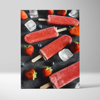 Canvas wall art featuring vibrant red strawberry popsicles with fresh strawberries and ice cubes on dark background, perfect .