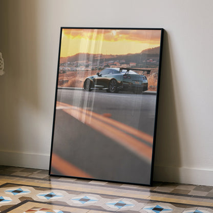 Nissan GTR R35 poster with sunset backdrop, sleek car silhouette, framed wall art.
