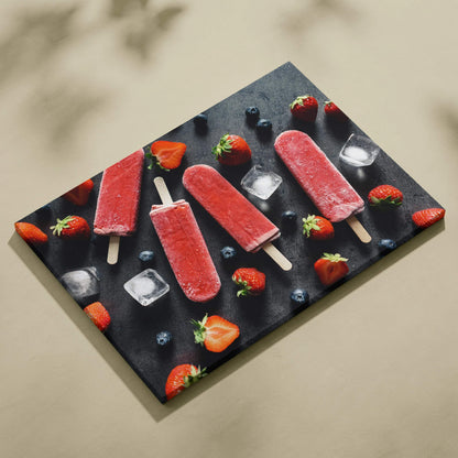 Canvas wall art featuring vibrant red strawberry popsicles with scattered fresh strawberries, blueberries, and ice cubes on.