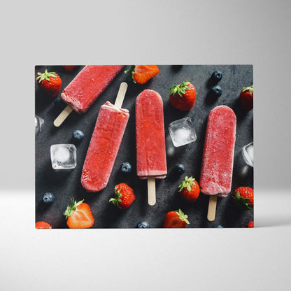 Canvas wall art featuring three vibrant red strawberry popsicles with wooden sticks, surrounded by fresh strawberries,.