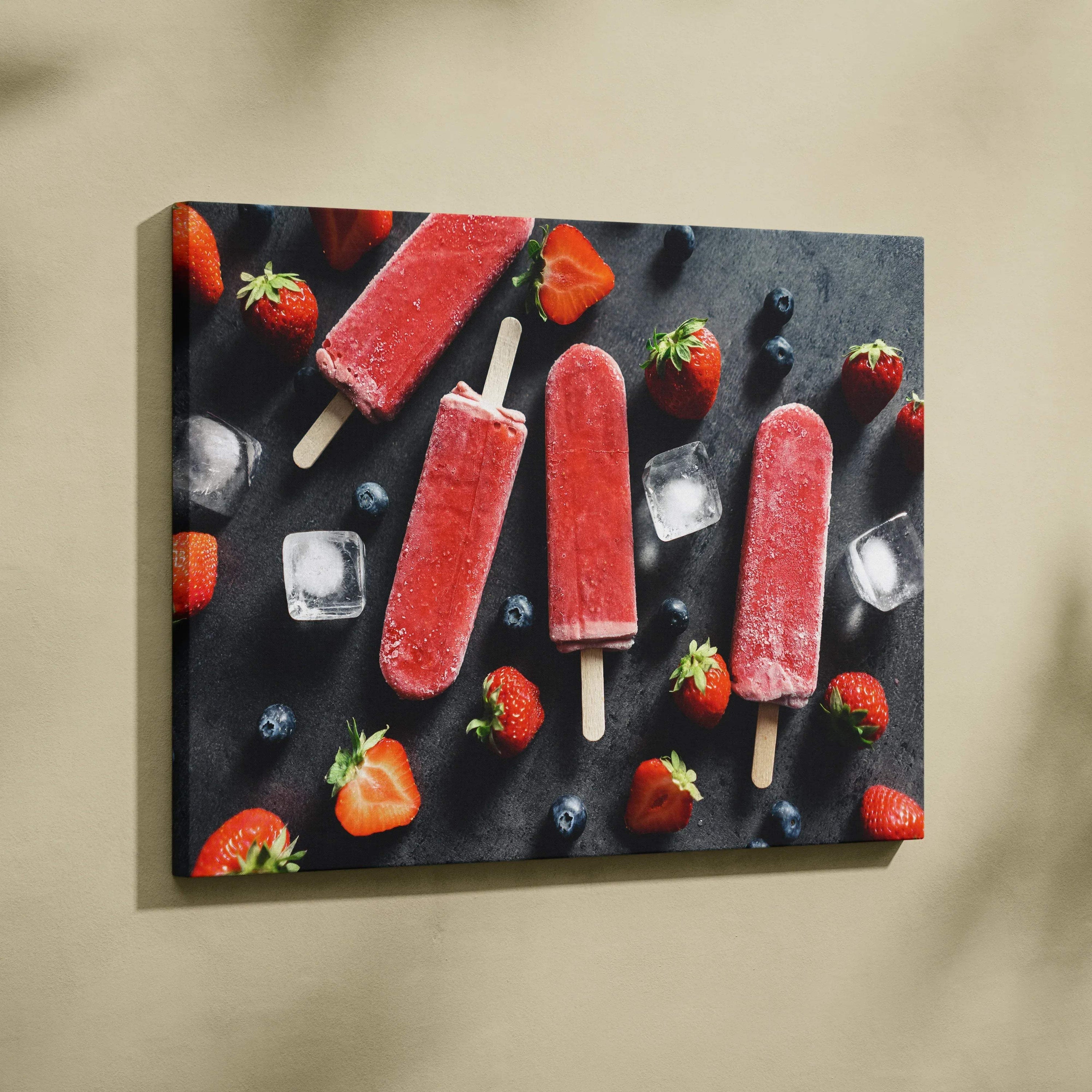 Canvas wall art featuring vibrant red strawberry popsicles with fresh strawberries and ice cubes on a dark background for.
