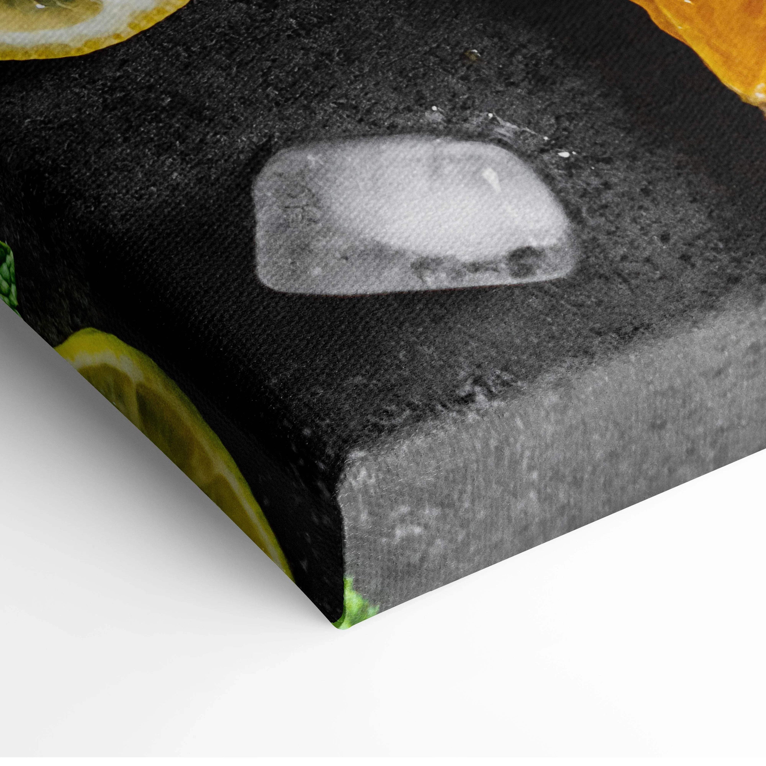 Close-up of vibrant lemon and lime popsicles canvas wall art with vivid fruit decor on textured canvas.