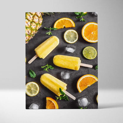 Vibrant lemon and lime popsicles with fresh citrus slices on dark canvas wall art decor.