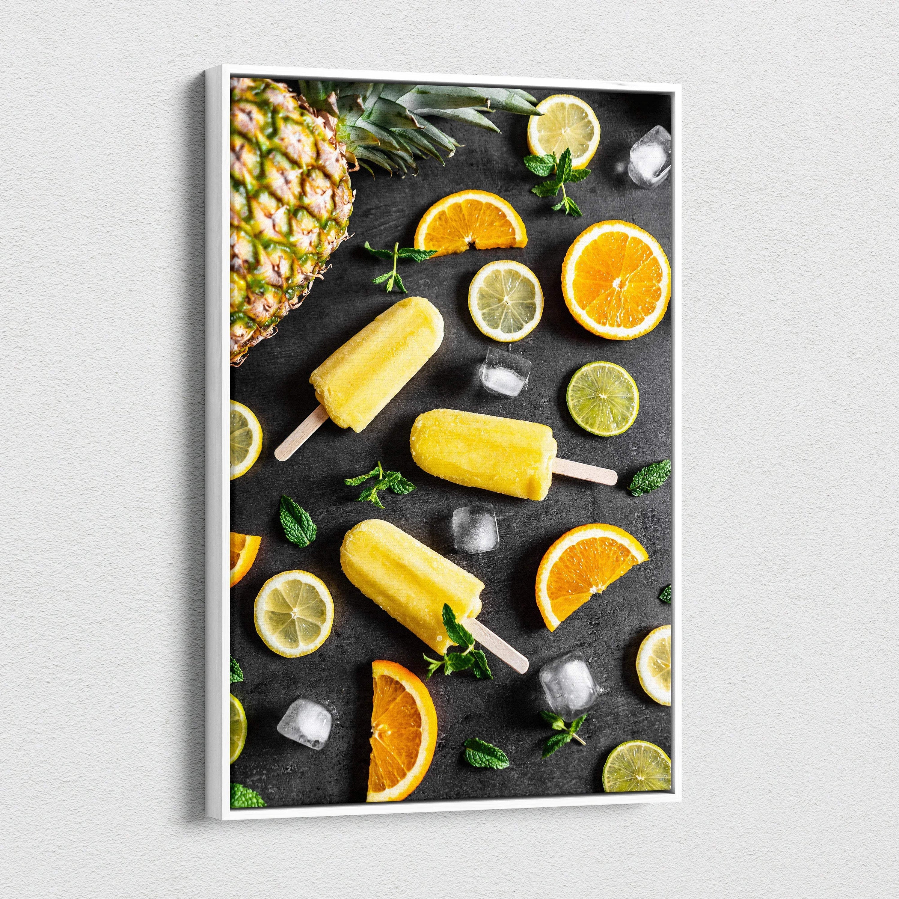 Vibrant lemon and lime popsicles with citrus slices on canvas wall art decor.