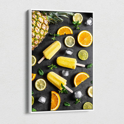 Vibrant lemon and lime popsicles with citrus slices on canvas wall art decor.