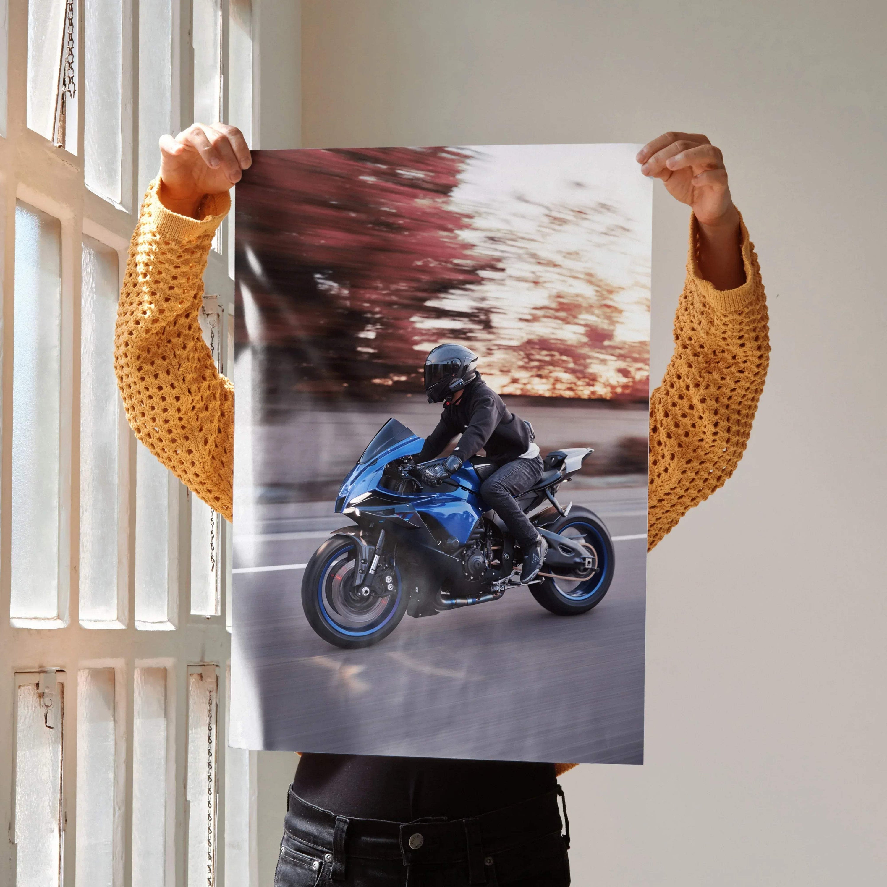 Biker Poster #047 - Male | Bell Race Star DLX Flex Helmet | Yamaha R1 Motorcycle | Rolling Shot - Throttle Designs