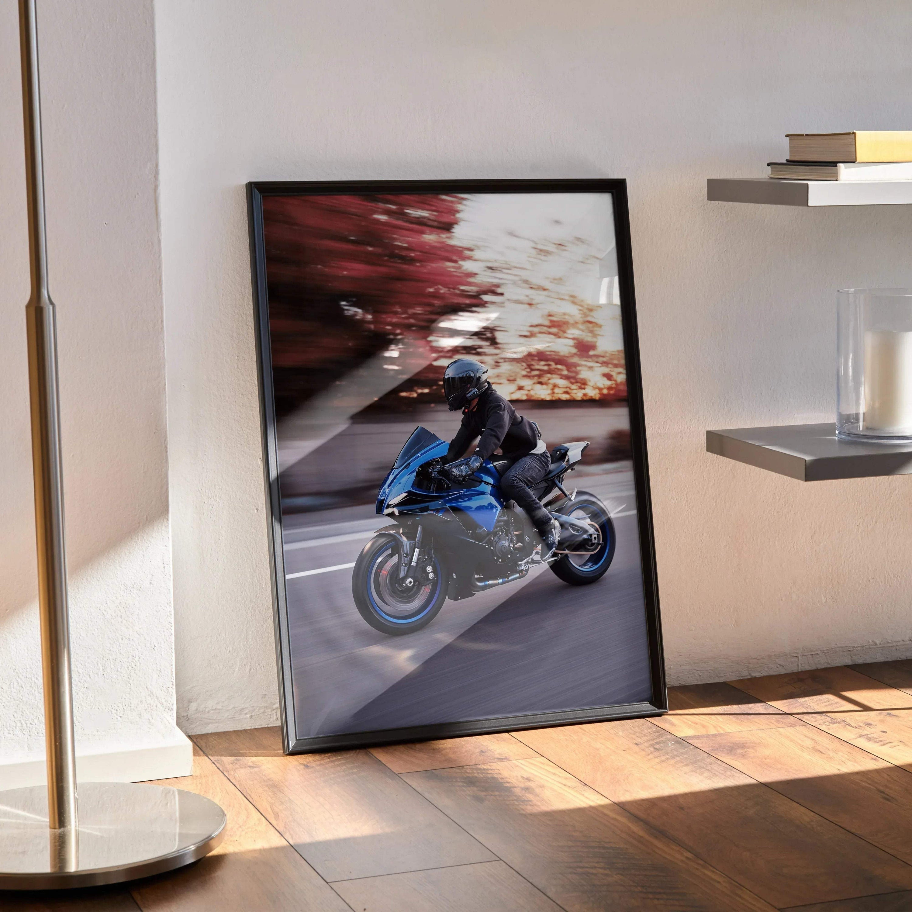 Biker Poster #047 - Male | Bell Race Star DLX Flex Helmet | Yamaha R1 Motorcycle | Rolling Shot - Throttle Designs