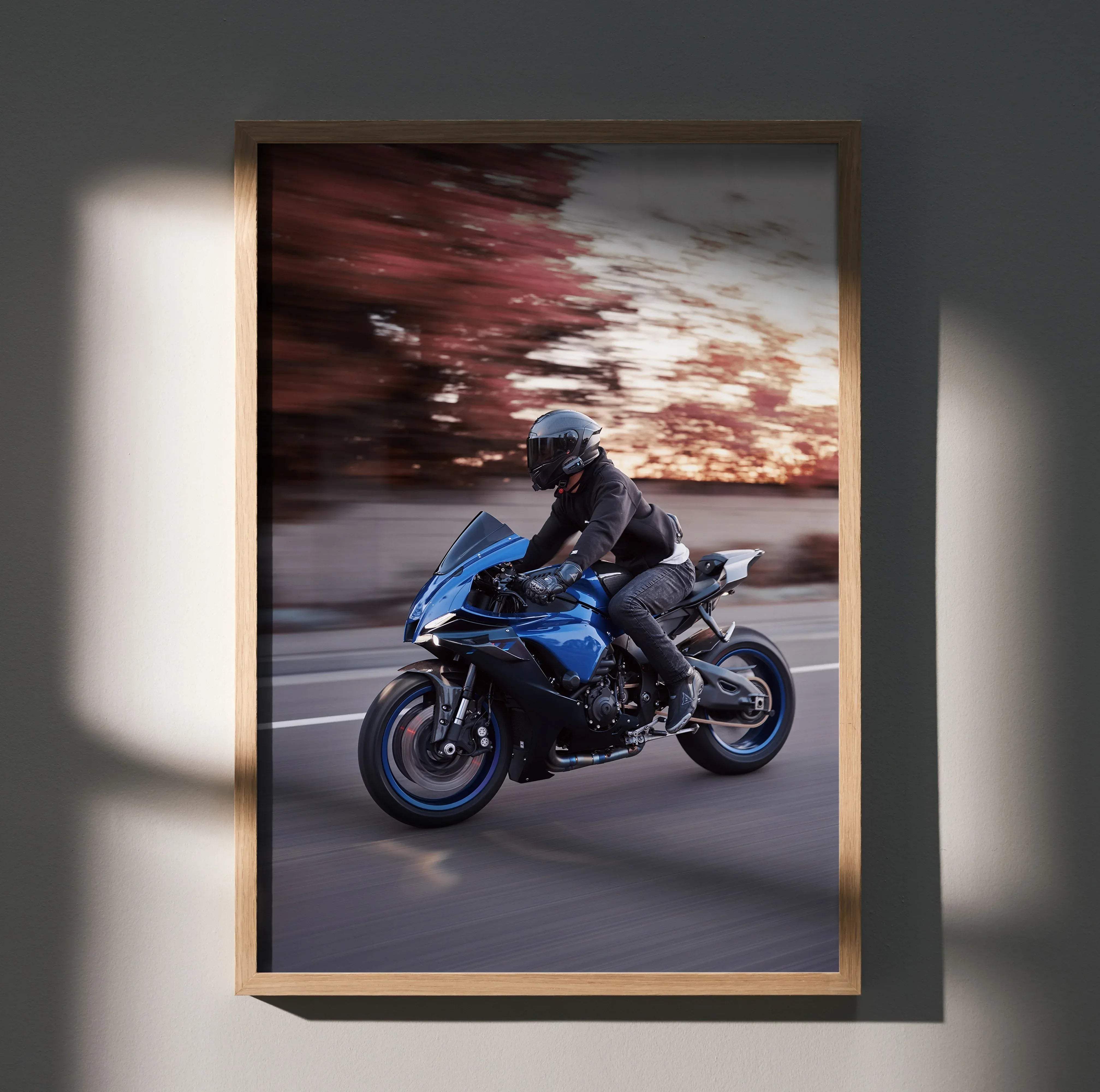 Blue and black Yamaha R1 sport motorcycle in motion framed by a light wood border in biker poster #047 male collection