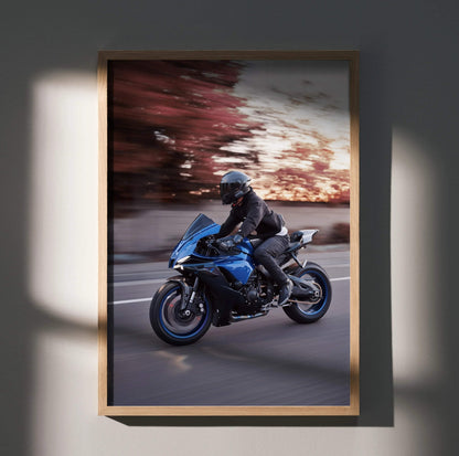 Biker Poster #047 - Male | Bell Race Star DLX Flex Helmet | Yamaha R1 Motorcycle | Rolling Shot - Throttle Designs