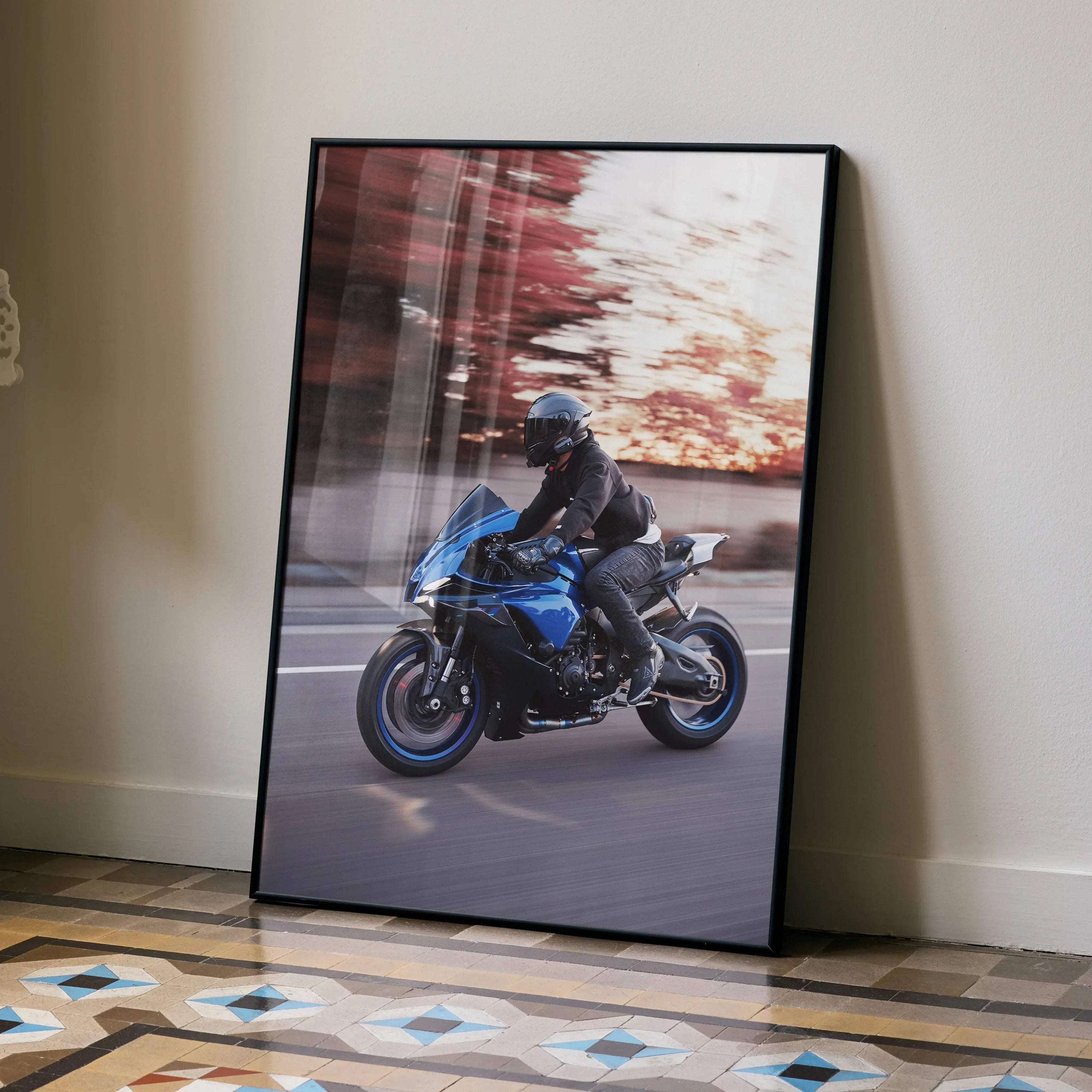 Biker Poster #047 - Male | Bell Race Star DLX Flex Helmet | Yamaha R1 Motorcycle | Rolling Shot - Throttle Designs