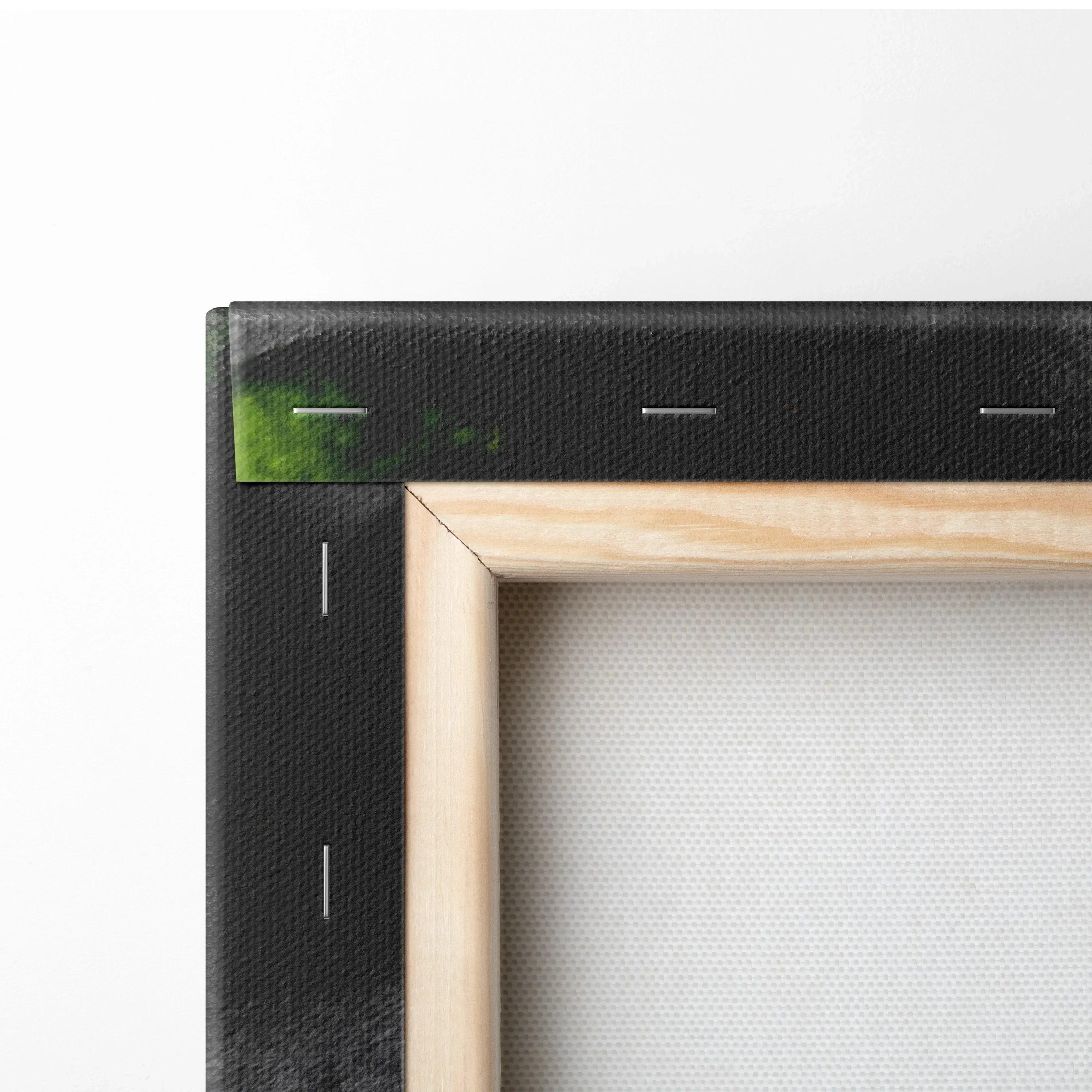 Close-up of canvas wall art with black-stretched fabric and natural wood frame edges.