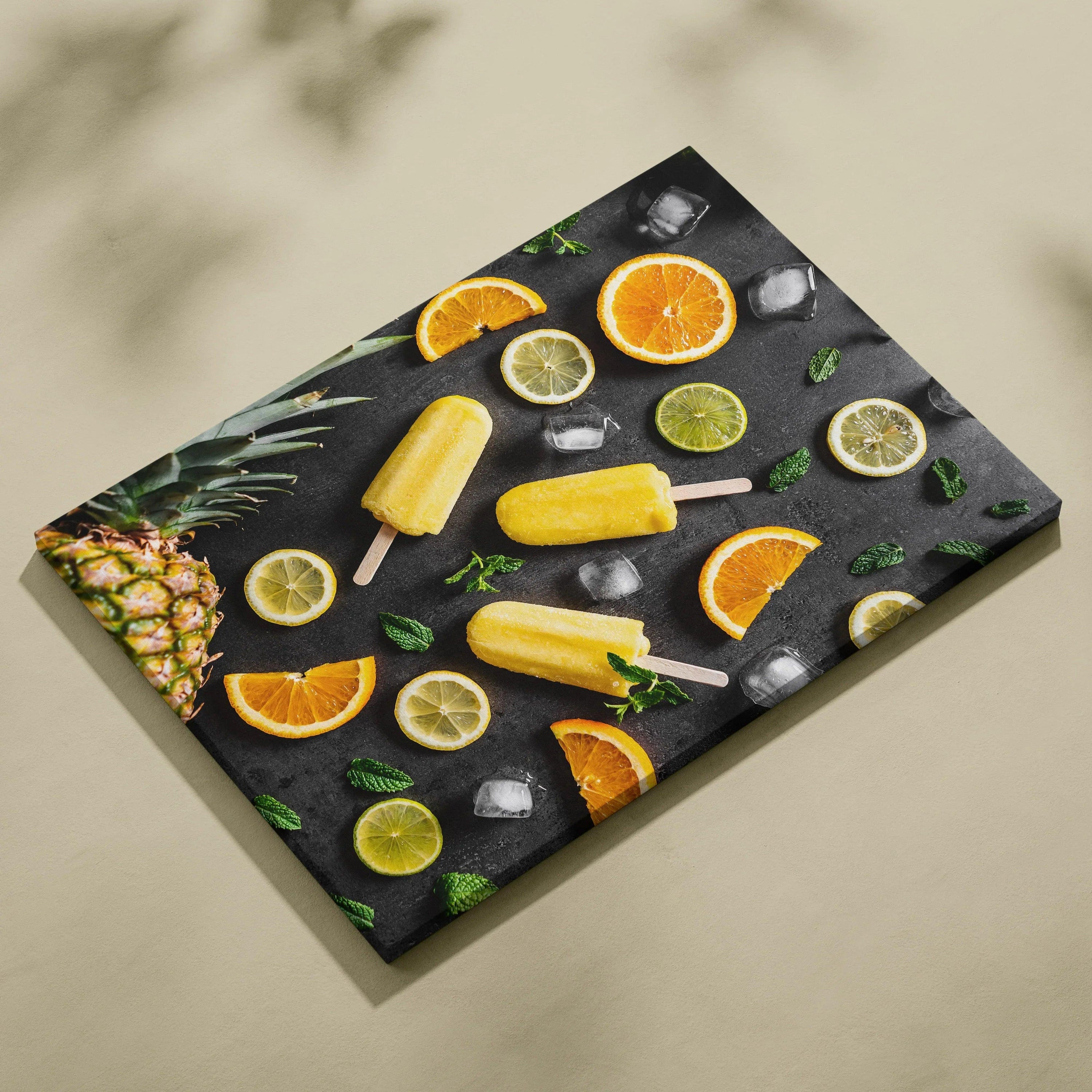 Colorful canvas wall art featuring oranges, limes, pineapple, yellow popsicles, and ice cubes on a dark background.