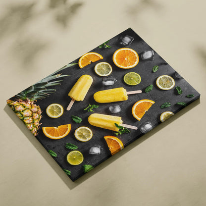 Colorful canvas wall art featuring oranges, limes, pineapple, yellow popsicles, and ice cubes on a dark background.