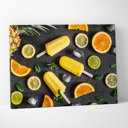 Canvas wall art featuring vibrant yellow popsicles, sliced oranges, limes, and mint leaves on a black background.