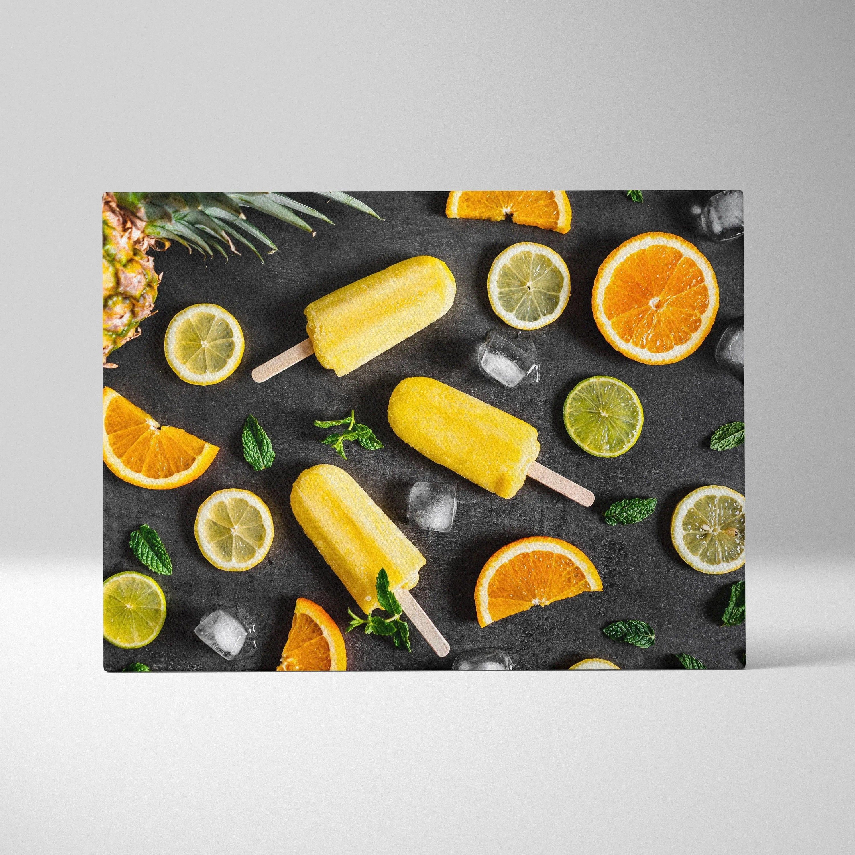 Canvas wall art featuring yellow popsicles, orange and lime slices, and mint leaves on black background.