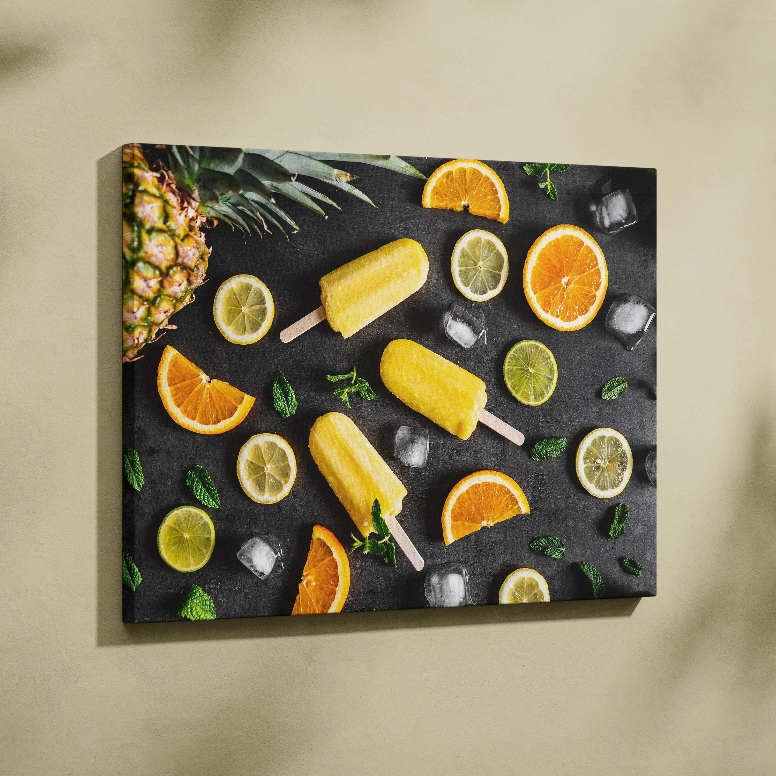 Canvas wall art with oranges, limes, pineapple, ice cubes, and yellow popsicles on a dark background for vibrant home decor.