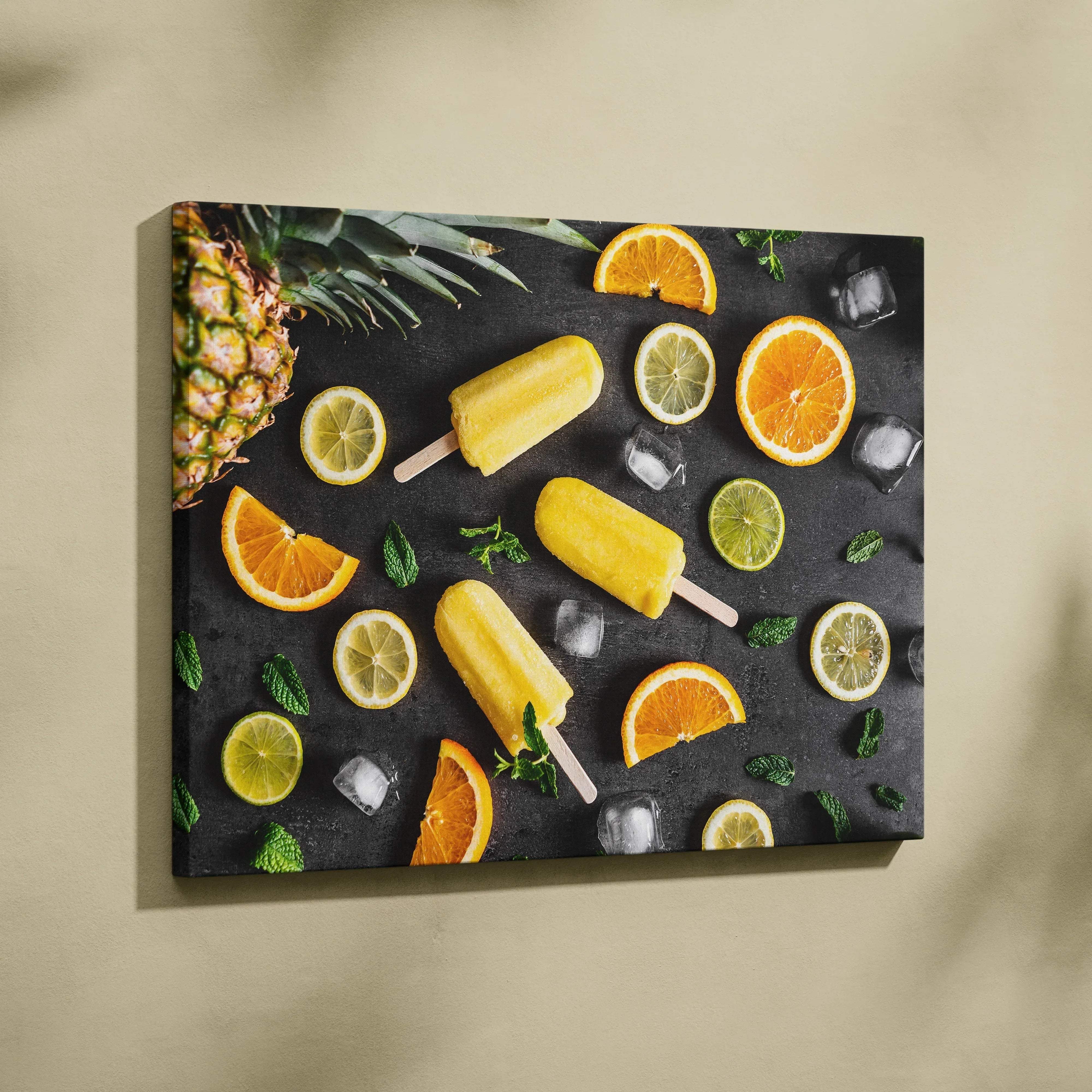 Canvas wall art vibrant citrus medley featuring yellow mango popsicles oranges lemons limes and mint leaves on dark surface