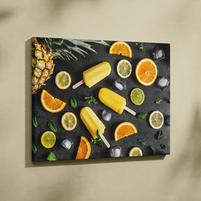 Canvas wall art with oranges, limes, pineapple, ice cubes, and yellow popsicles on a dark background for vibrant home decor.