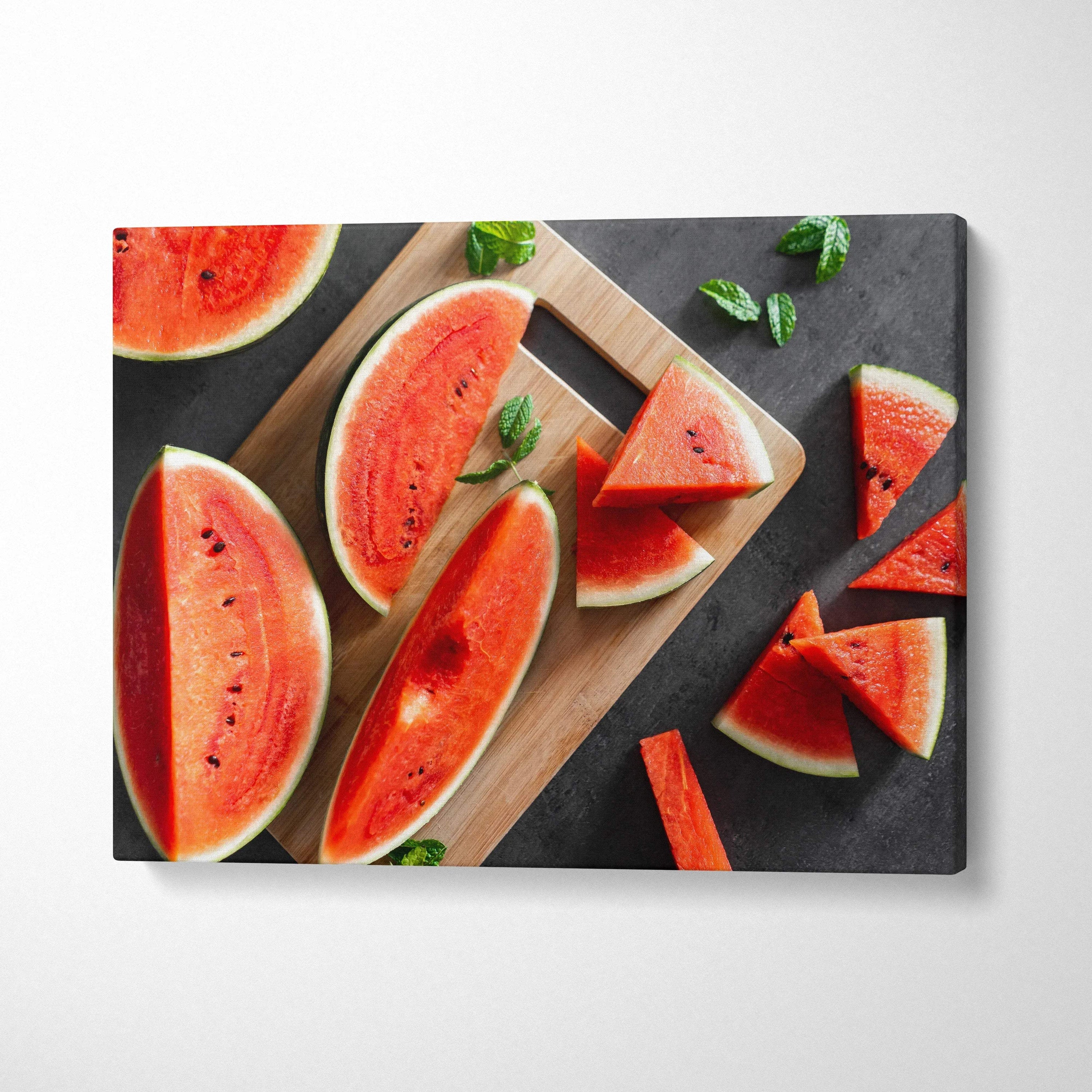 Vibrant watermelon slices on a wooden board printed on colorful canvas wall art decor.