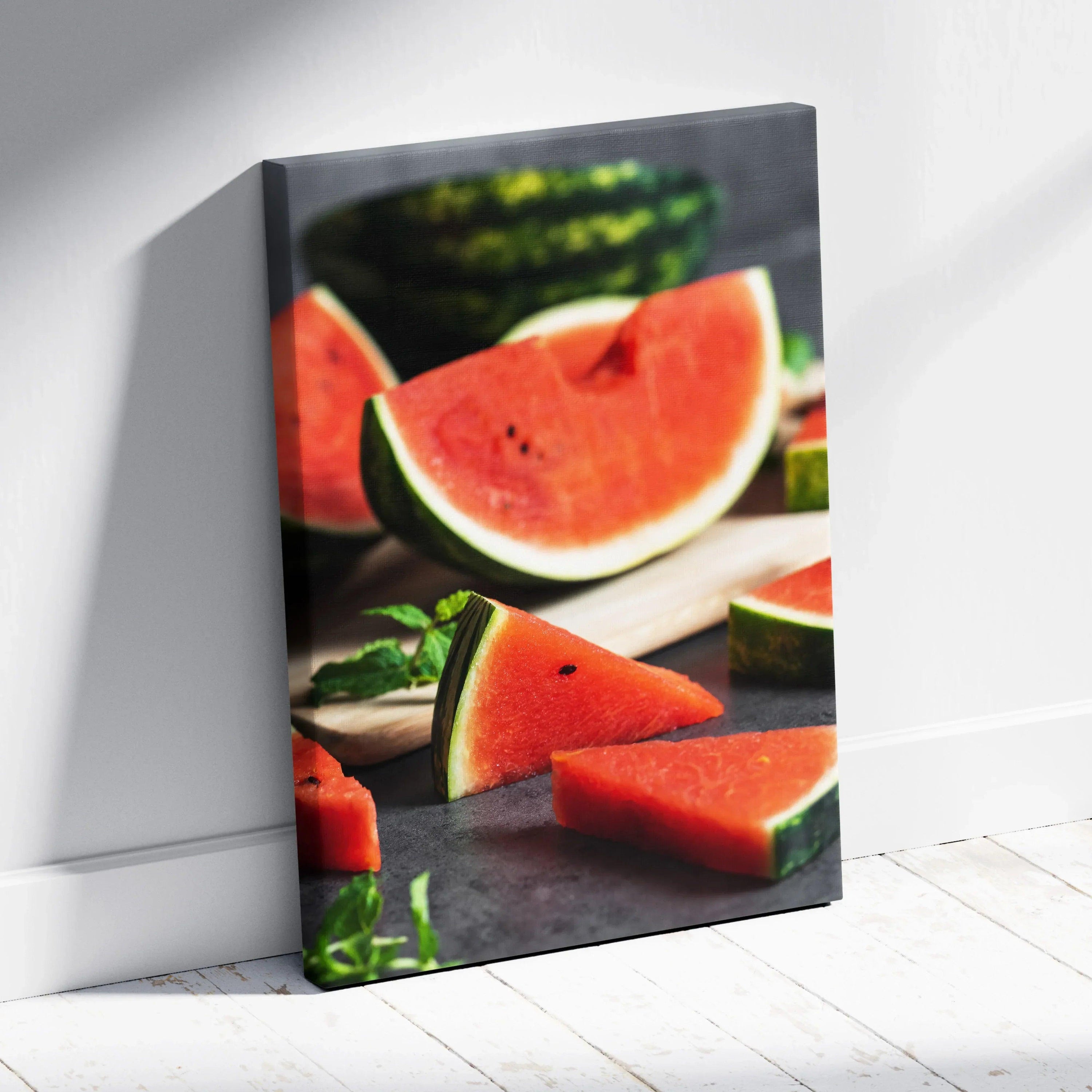 Watermelon slices close-up canvas wall art print with vibrant red and green colors for modern decor.