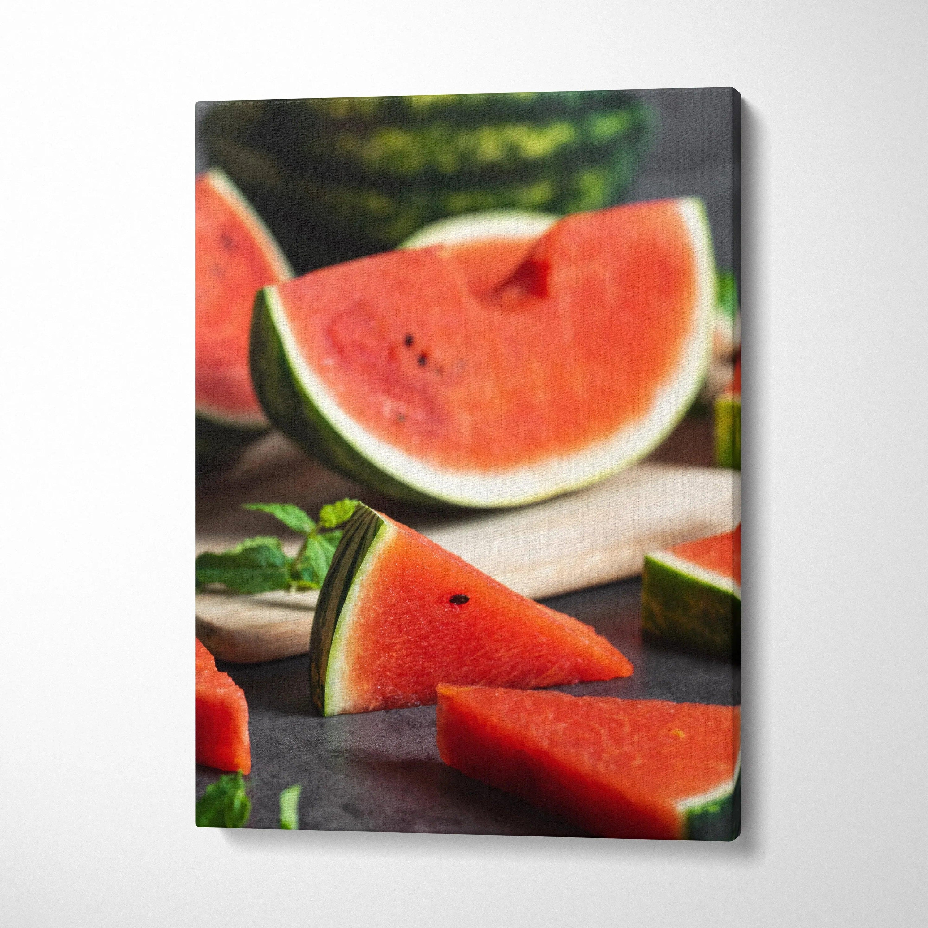 Watermelon slices close-up canvas wall art with vibrant red and green colors for modern decor.
