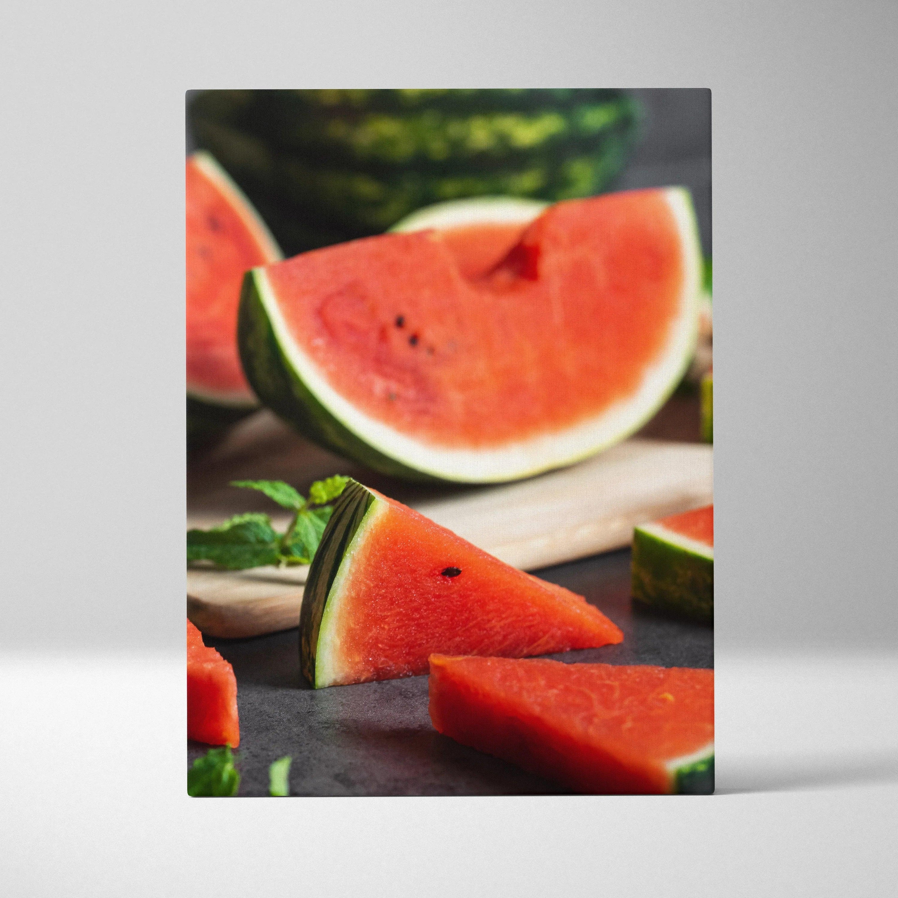 Canvas wall art featuring close-up of fresh watermelon slices with vibrant red and green colors for modern decor.