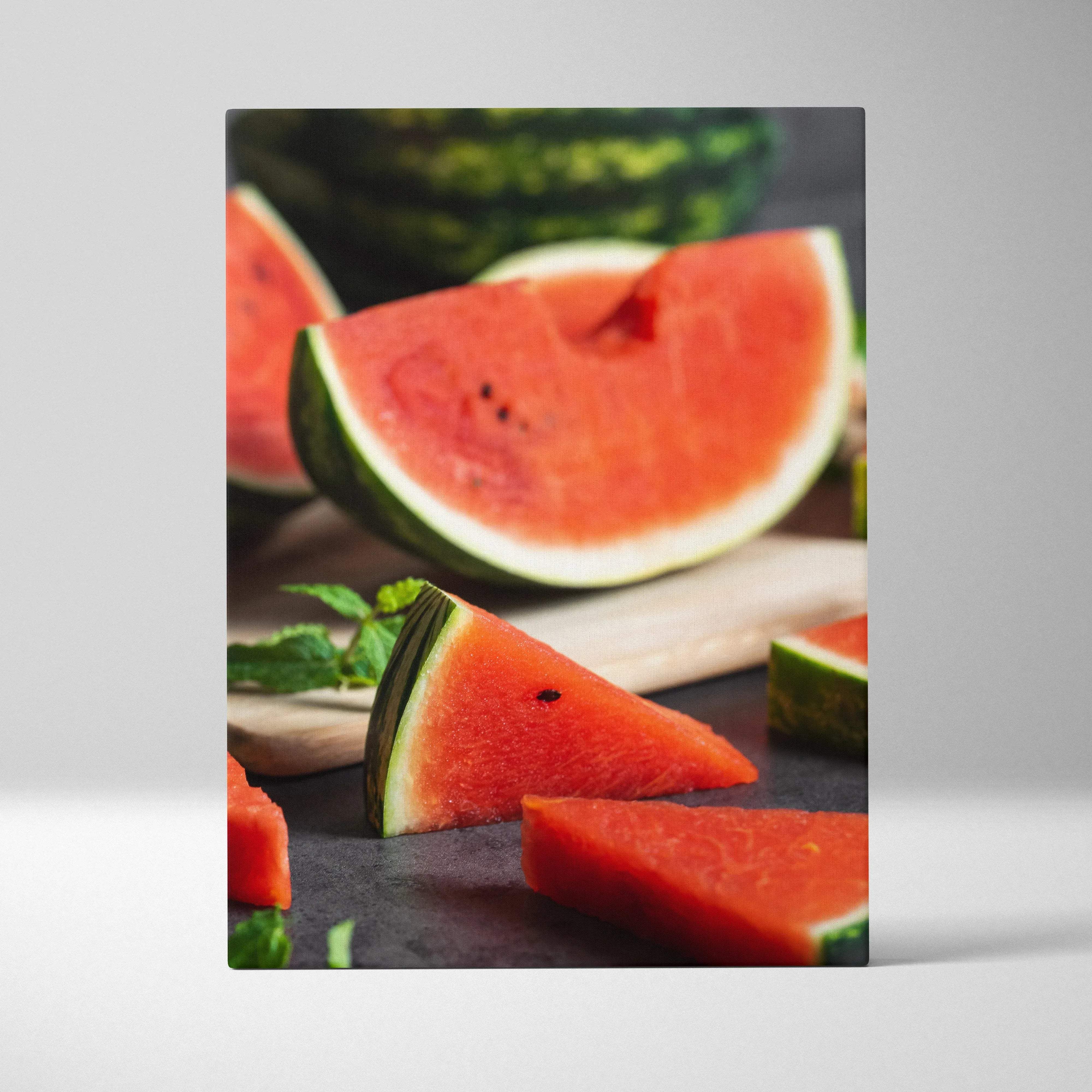 A vibrant red watermelon slice with green rind and black seeds on a dark surface in wooden board canvas wall art