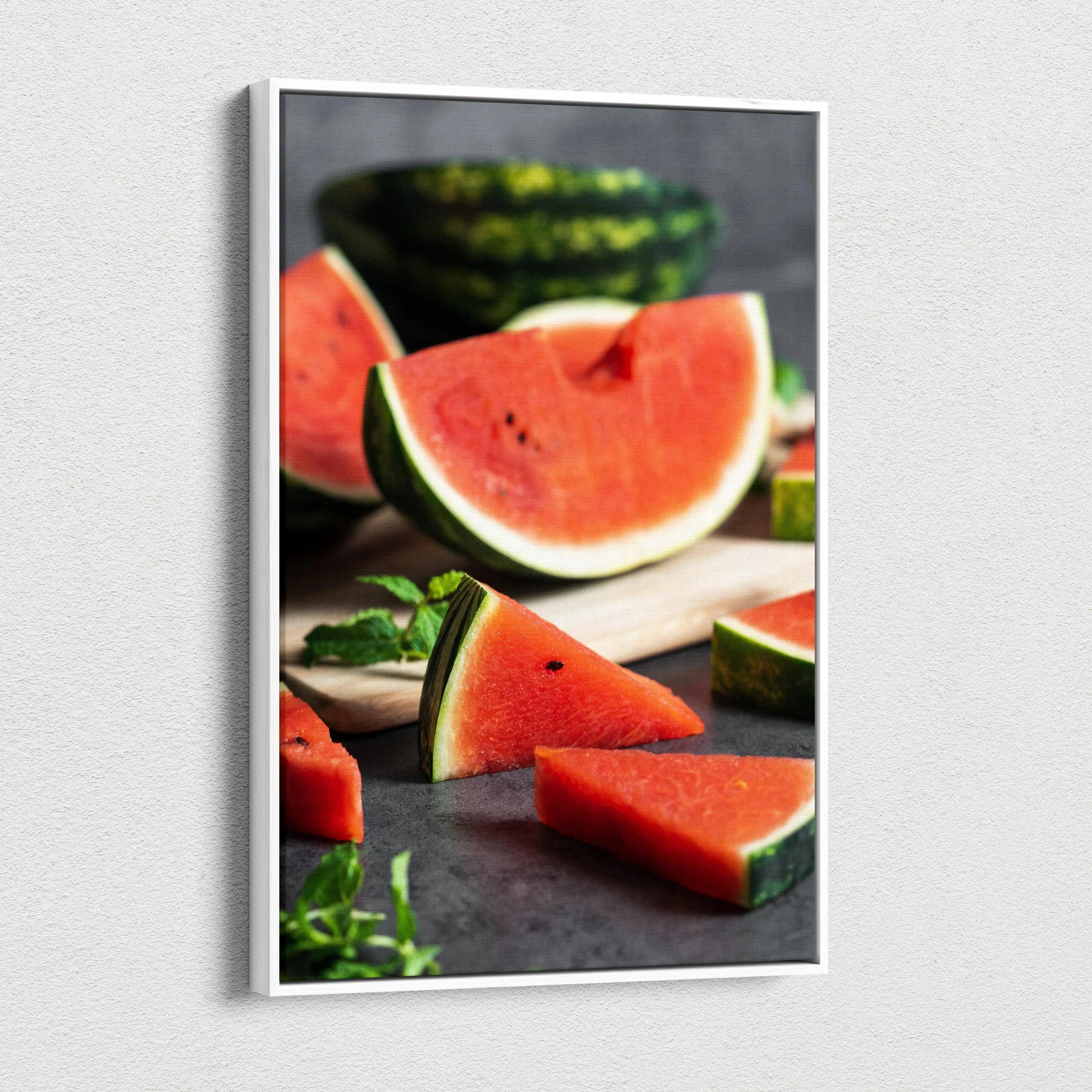 Vibrant watermelon slice canvas wall art with fresh red and green tones for modern decor.