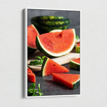 Vibrant watermelon slice canvas wall art with fresh red and green tones for modern decor.