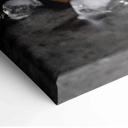 Close-up of textured canvas wall art corner with dark abstract background for modern decor.