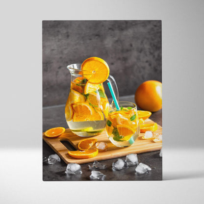 Canvas wall art featuring vibrant fresh orange slices in a water glass on wooden board kitchen decor.