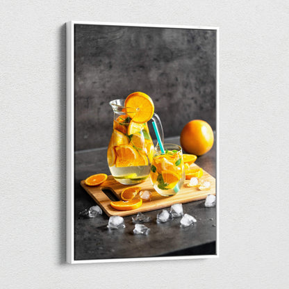 Modern vibrant canvas wall art featuring fresh orange slices in water glass on wooden tray, kitchen decor.