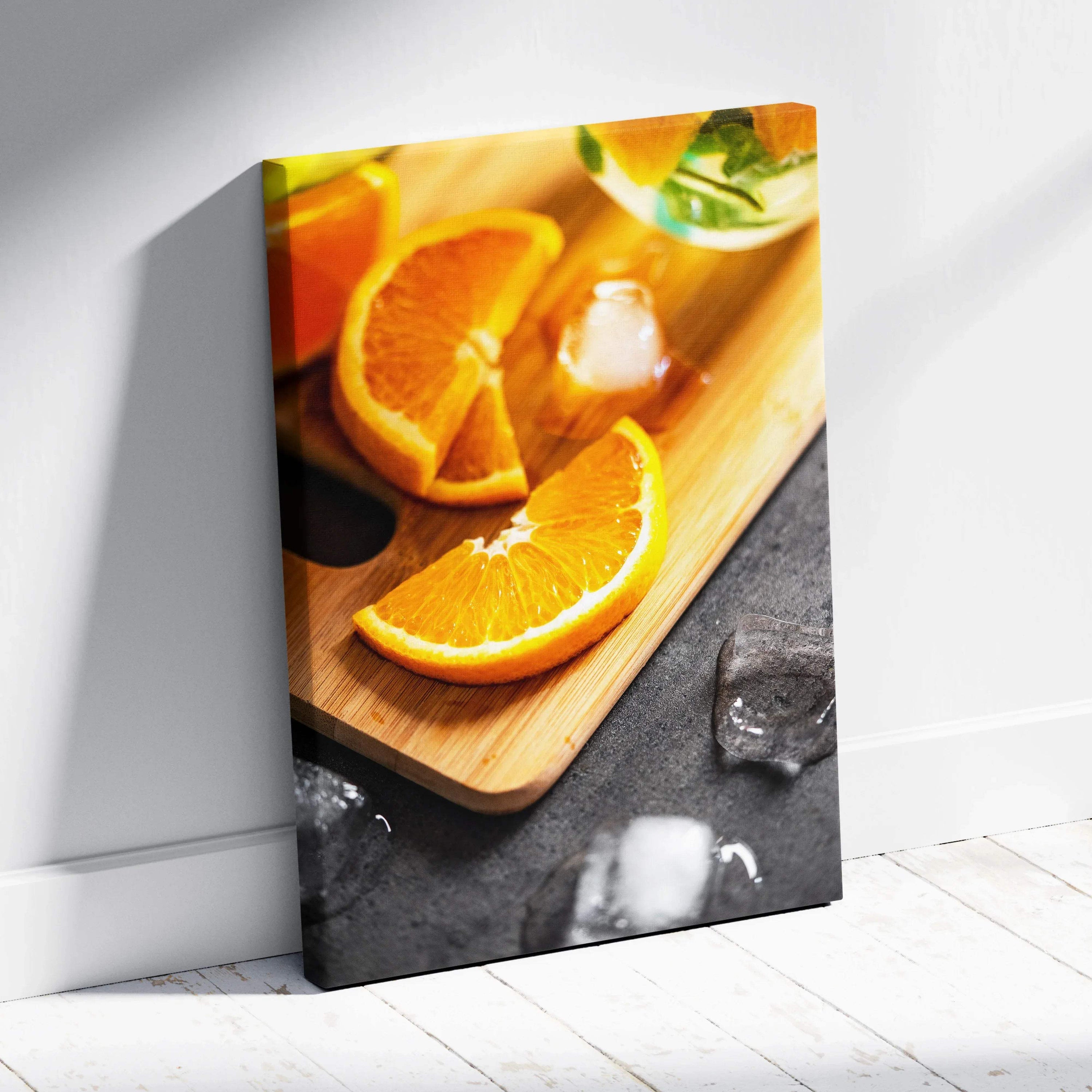 Vibrant orange slices with ice cubes on wooden board canvas wall art decor.