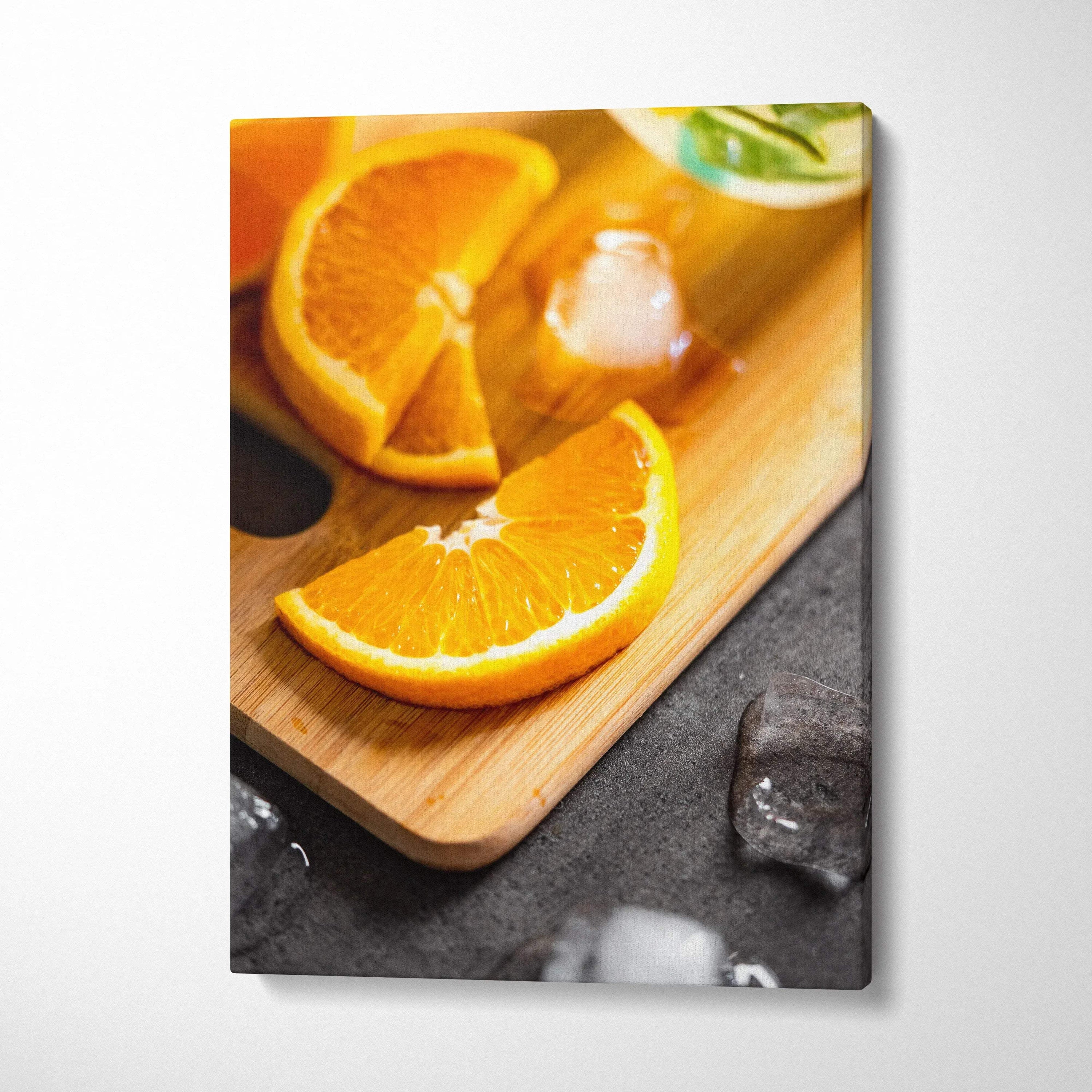 Vibrant orange slices on wooden board canvas with ice cubes, bright colorful wall art decor.