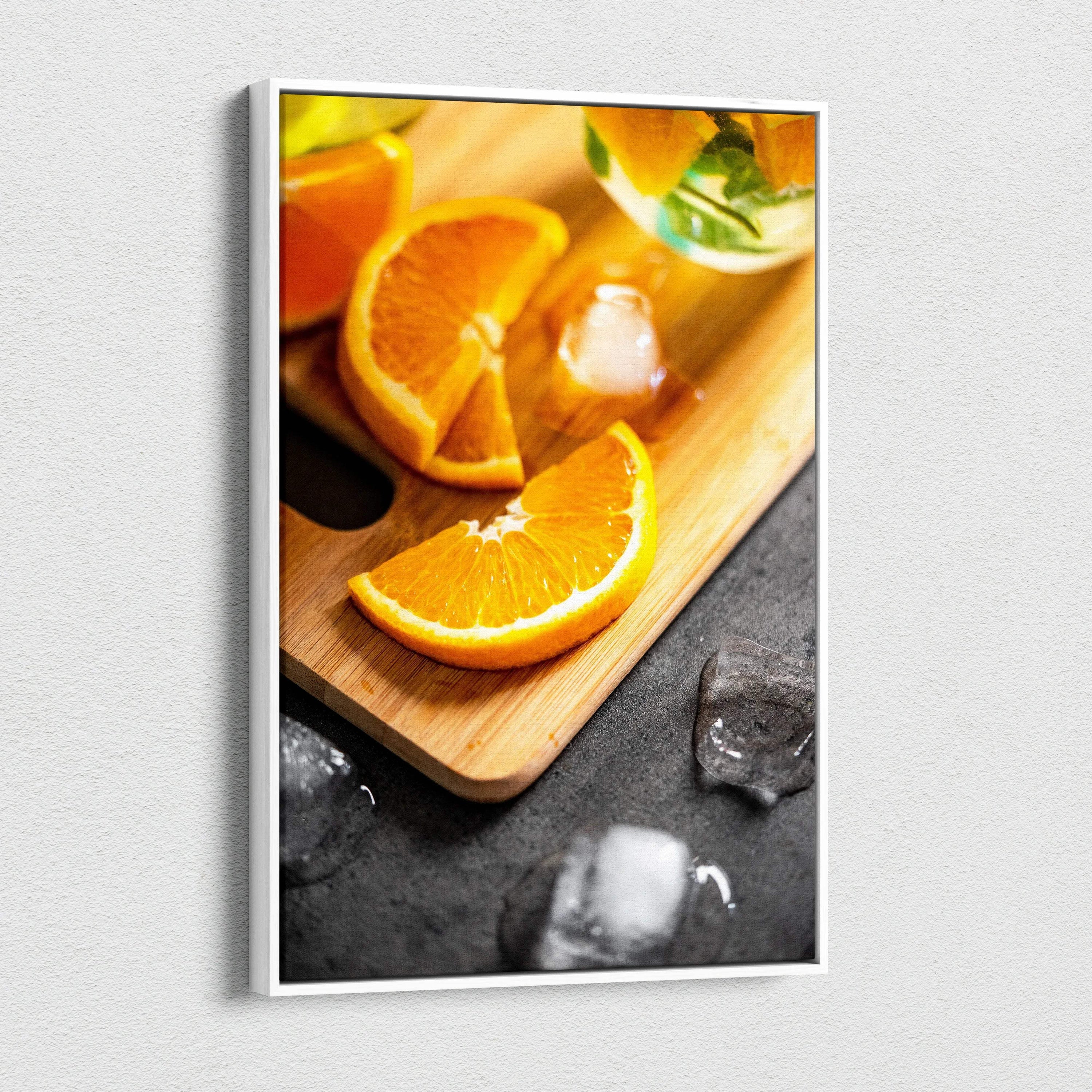 Vibrant orange slices on wooden board with ice cubes canvas wall art decor.