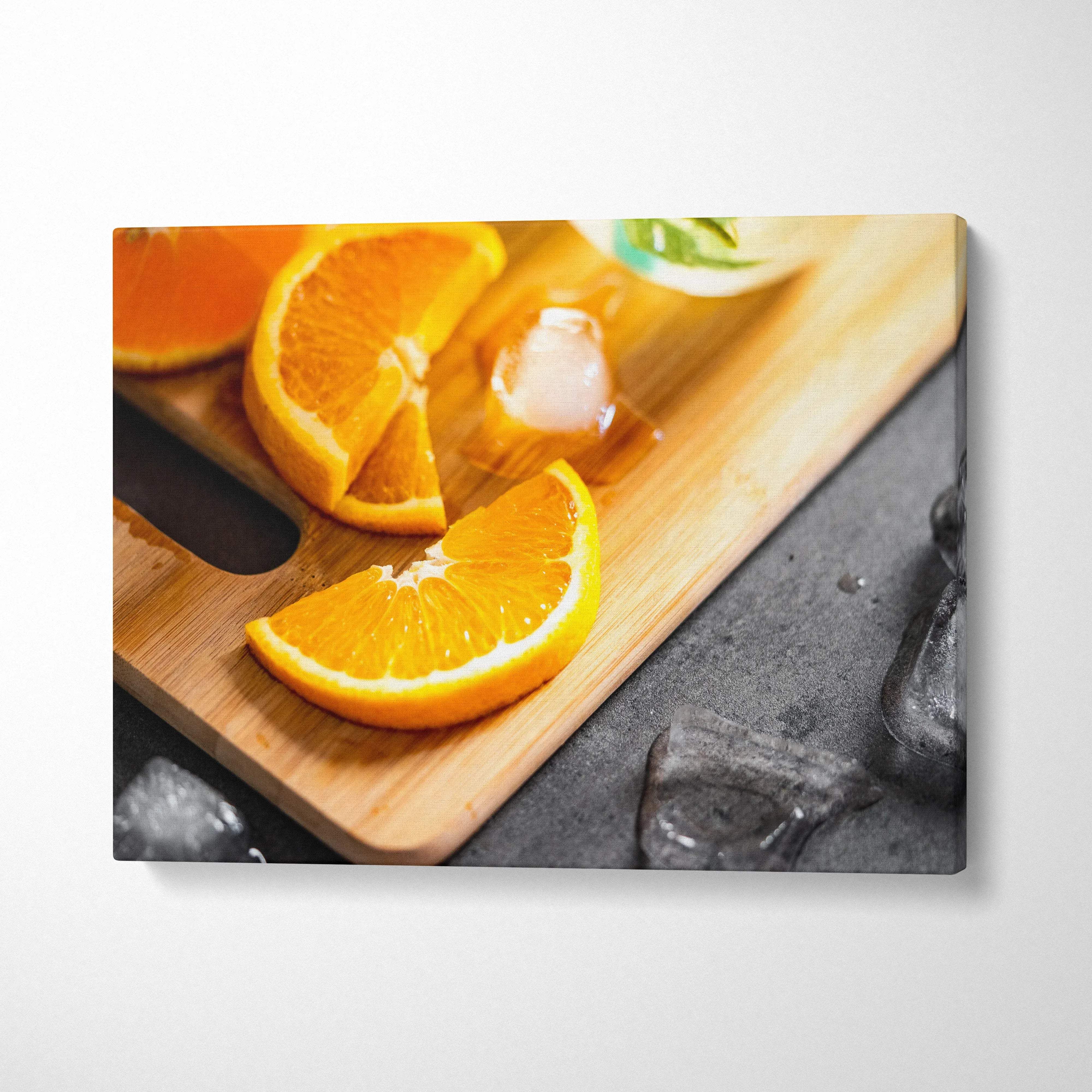Vibrant sliced oranges on wooden cutting board canvas wall art for fresh home decor.