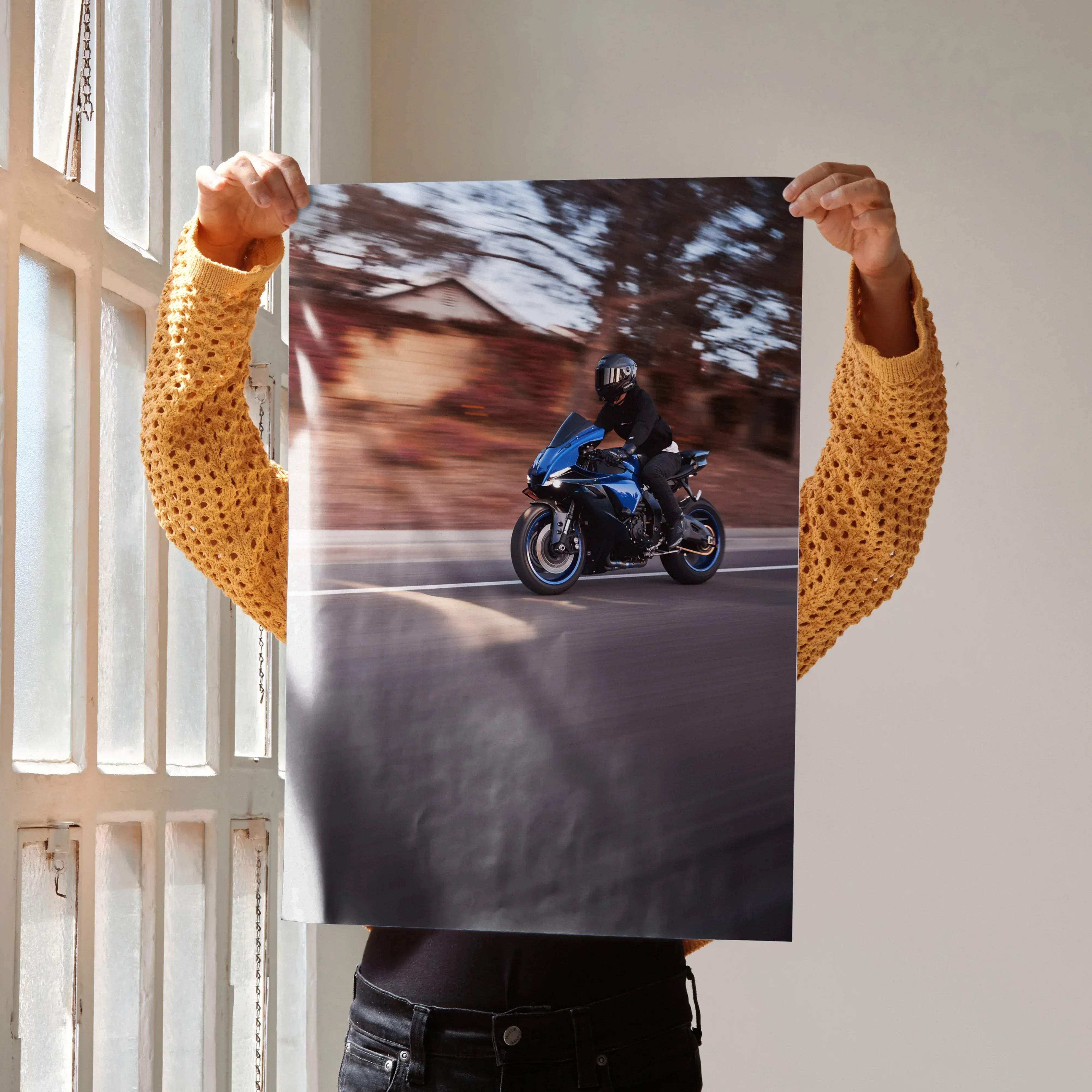 Blue Yamaha R1 motorcycle poster showing a male rider in motion wearing a Bell Race Star DLX Flex helmet on asphalt road